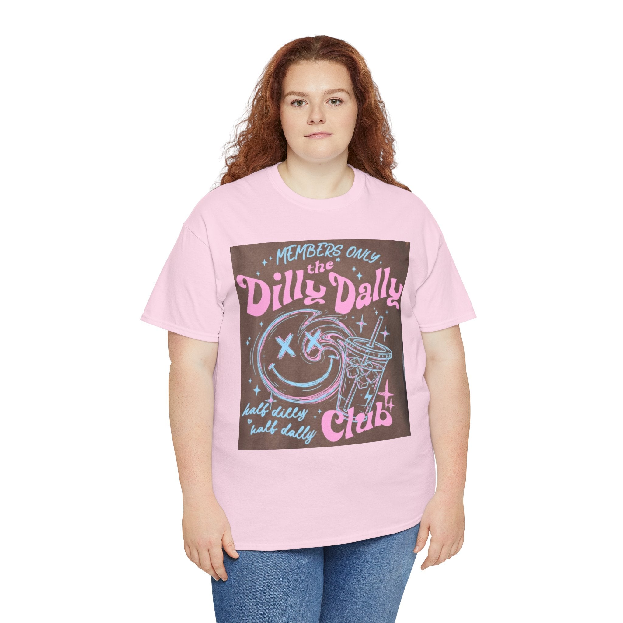 Dilly Dally Club Graphic Tee — Retro Pastel Drink & Moon Design