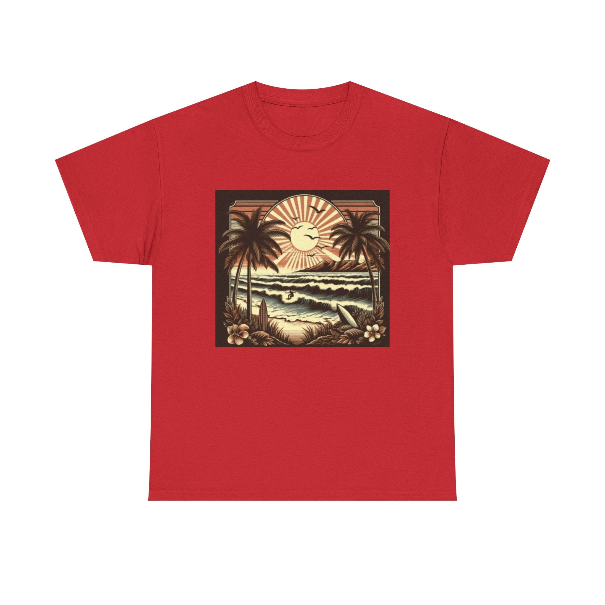Retro Tropical Beach T-Shirt — Vintage Palm Sunset Graphic Tee