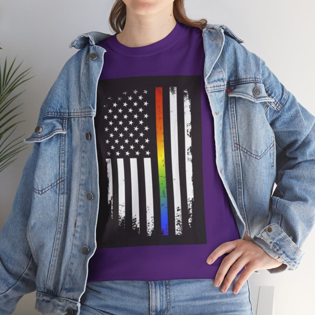 LGBTQ+ Pride Flag T‑Shirt — Distressed American Flag with Rainbow Stripe