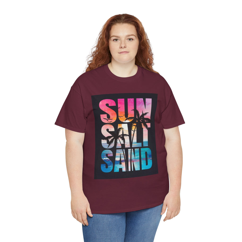 Sun Salt Sand Beach T-Shirt — Tropical Palm Sunset Graphic Tee