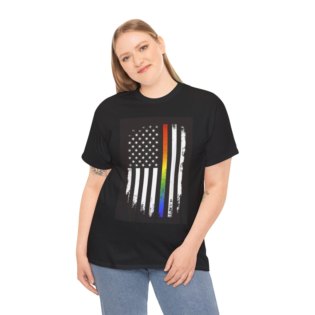 LGBTQ+ Pride Flag T‑Shirt — Distressed American Flag with Rainbow Stripe