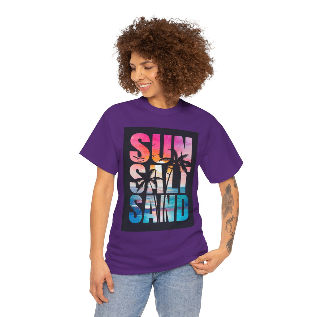 Sun Salt Sand Beach T-Shirt — Tropical Palm Sunset Graphic Tee