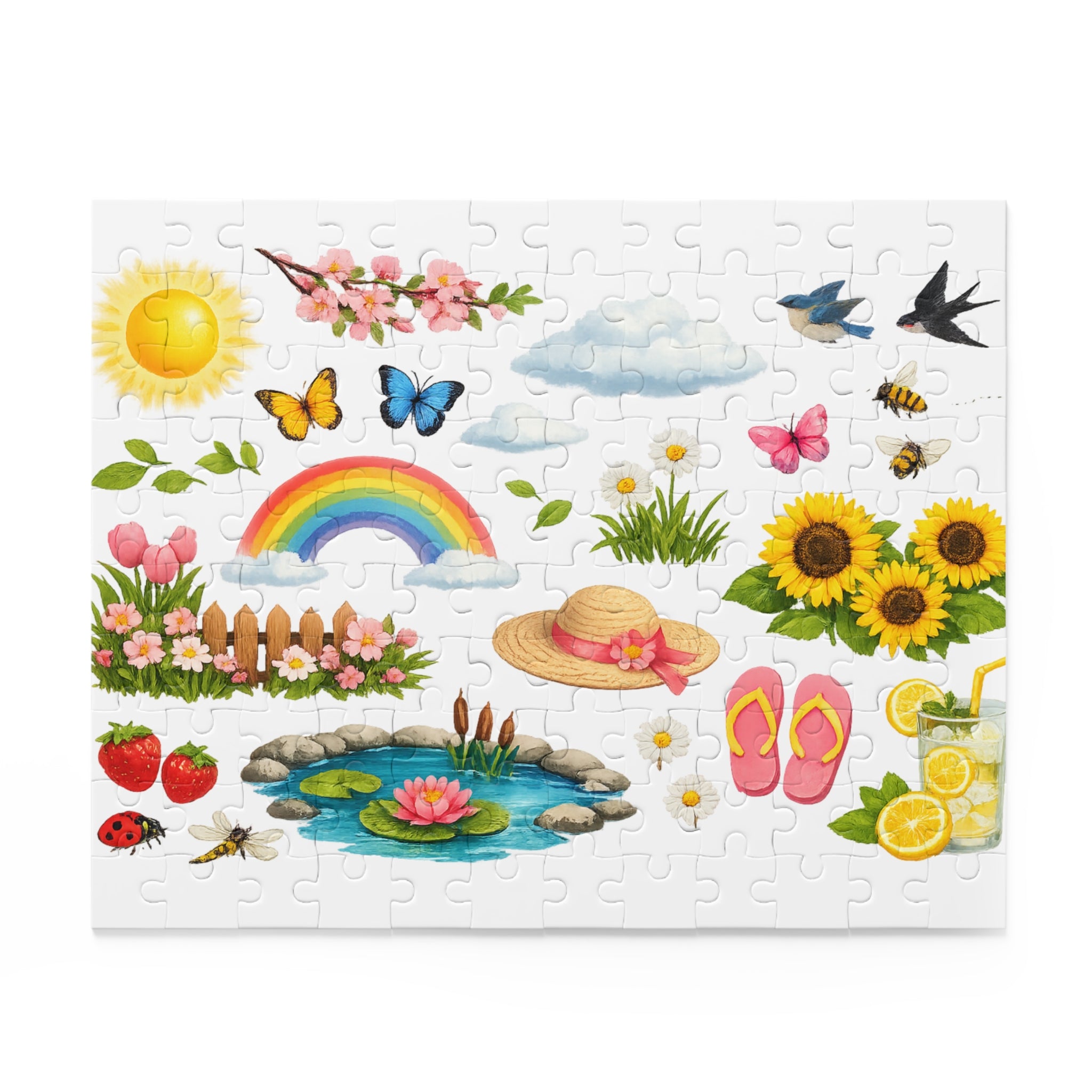 Springtime Sticker Puzzle — 120/252/500-Piece Jigsaw with Rainbow, Sunflowers & Garden Icons