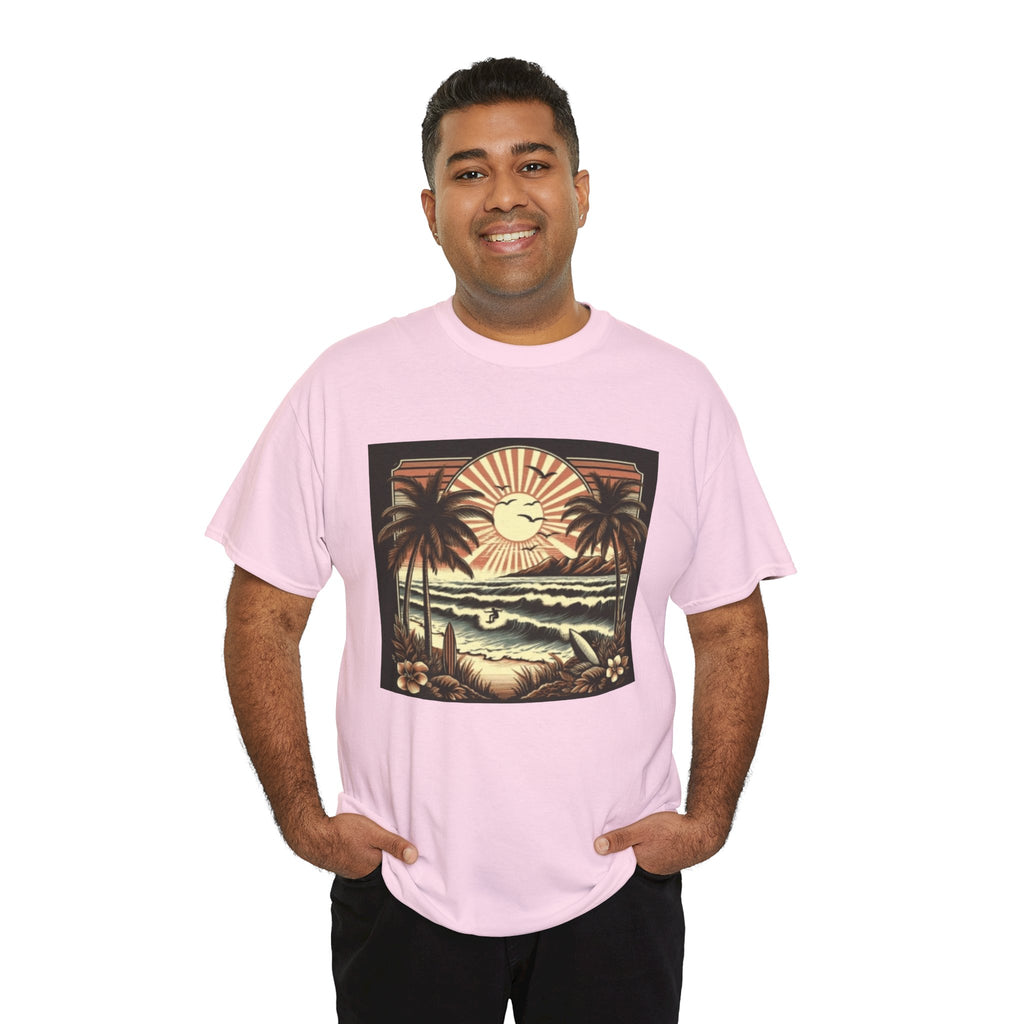 Retro Tropical Beach T-Shirt — Vintage Palm Sunset Graphic Tee