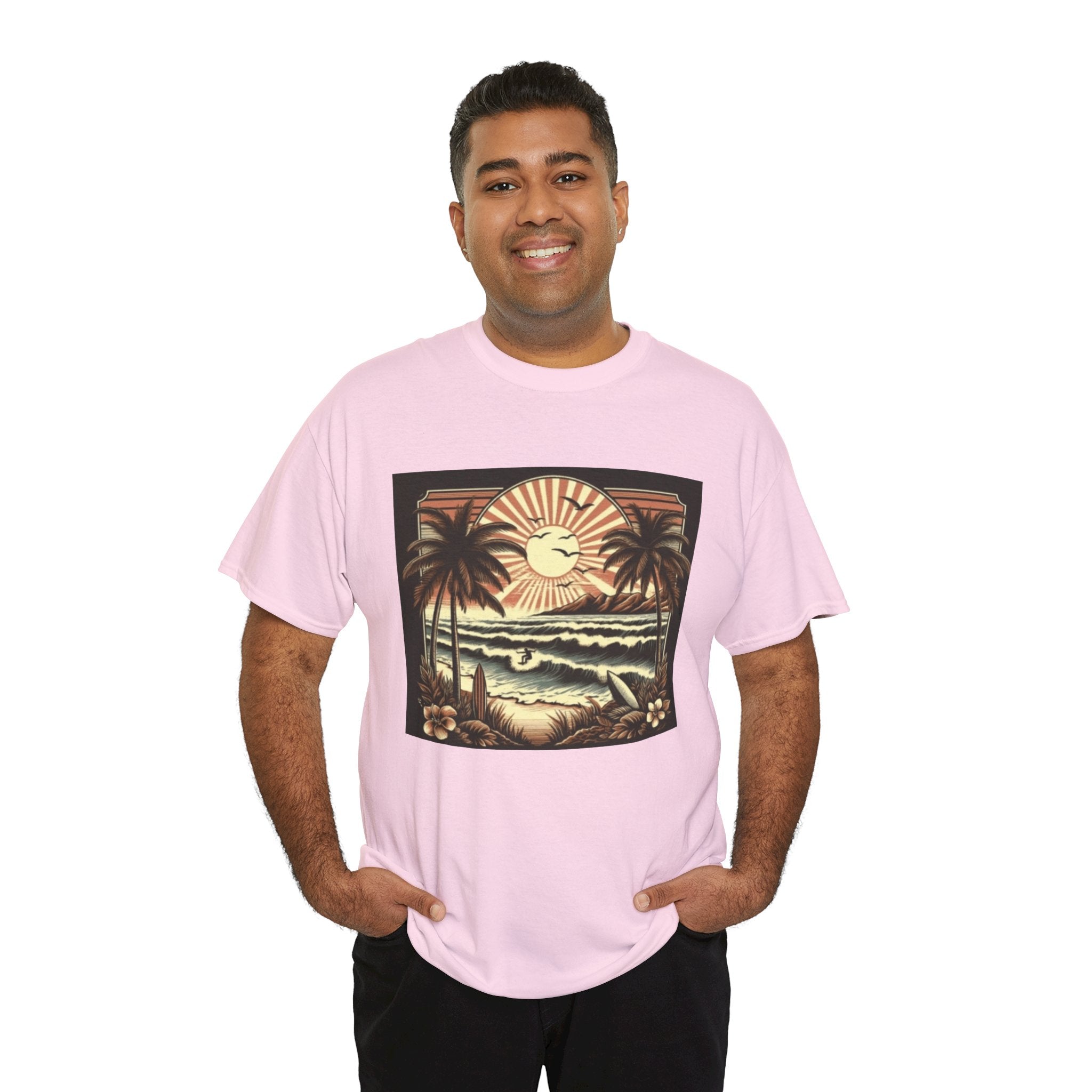 Retro Tropical Beach T-Shirt — Vintage Palm Sunset Graphic Tee