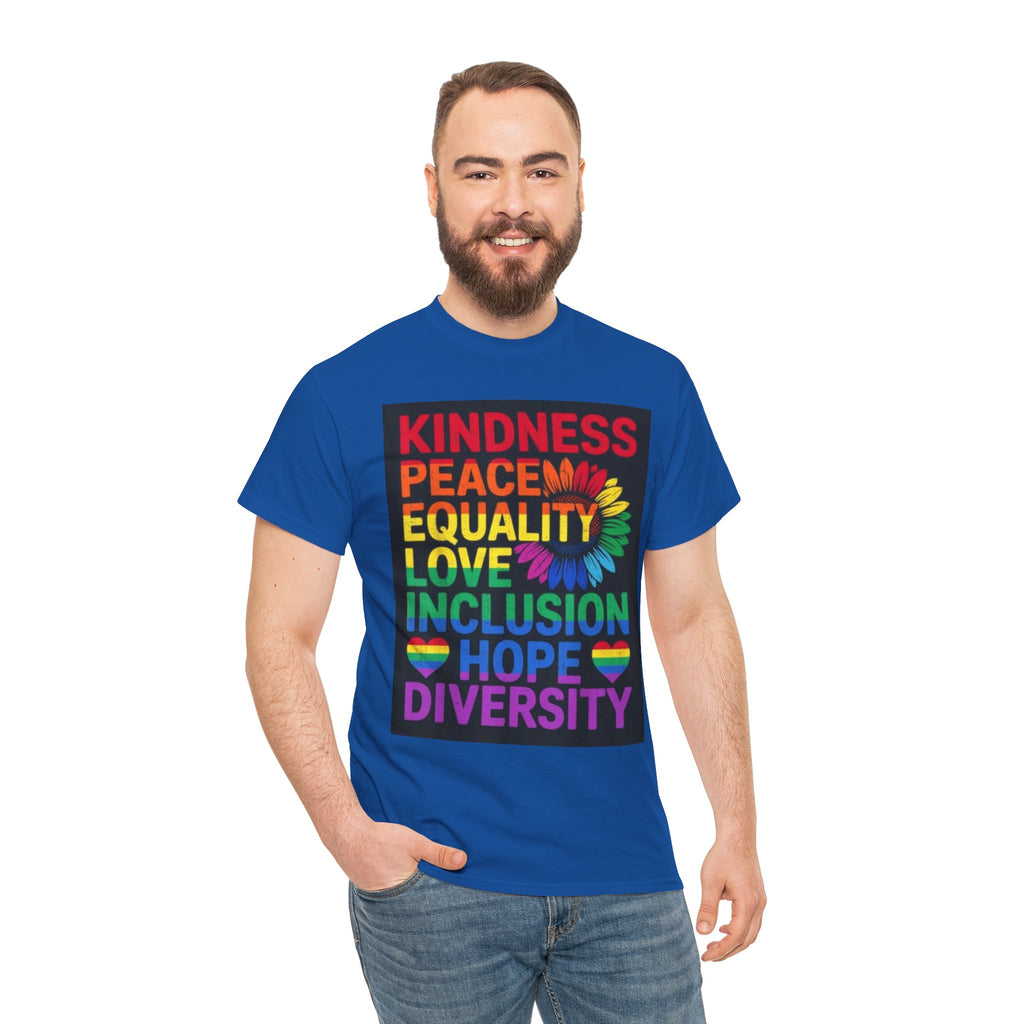 Kindness Peace Equality Rainbow T-Shirt — Pride Inclusion & Diversity Tee