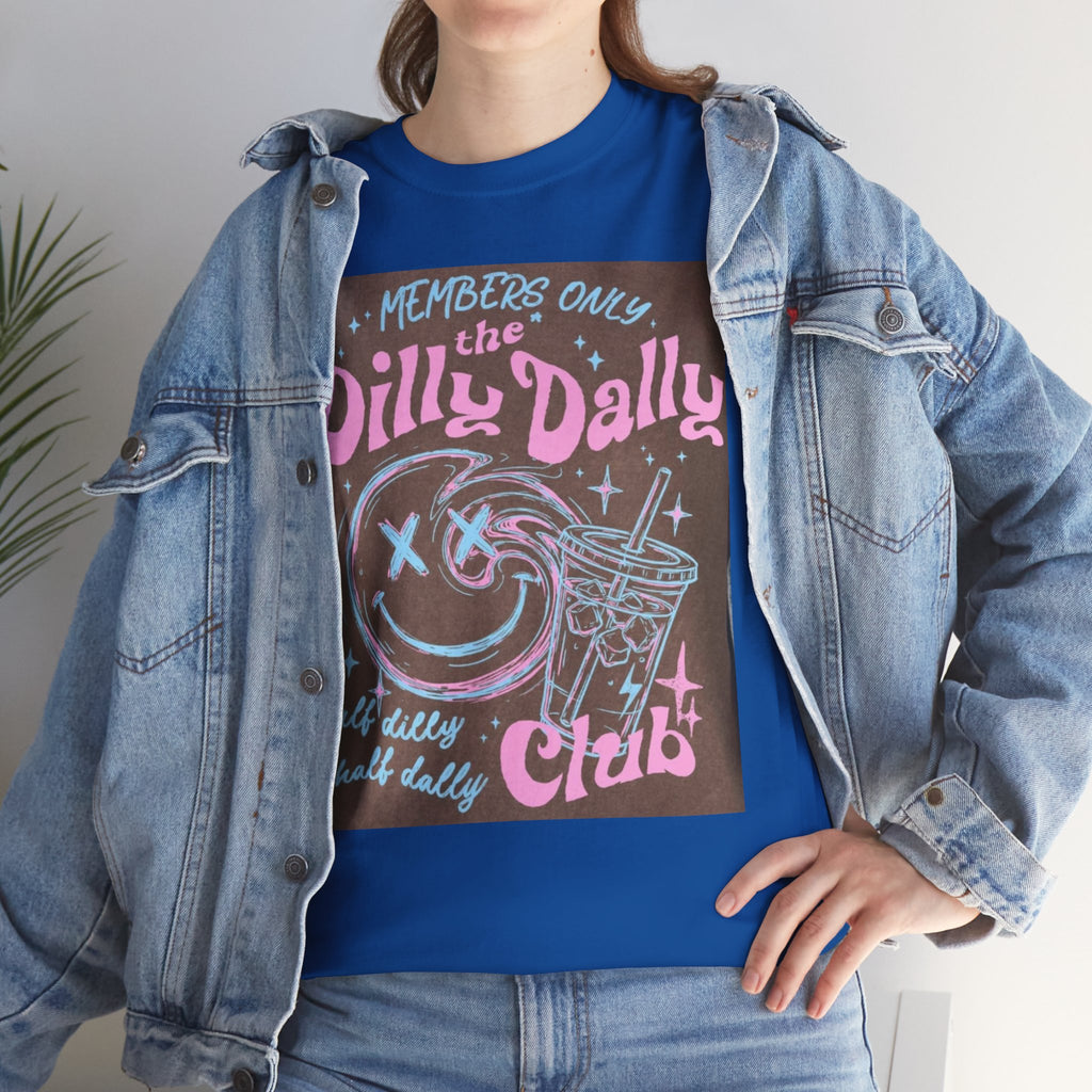Dilly Dally Club Graphic Tee — Retro Pastel Drink & Moon Design