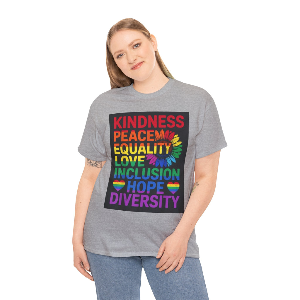 Kindness Peace Equality Rainbow T-Shirt — Pride Inclusion & Diversity Tee