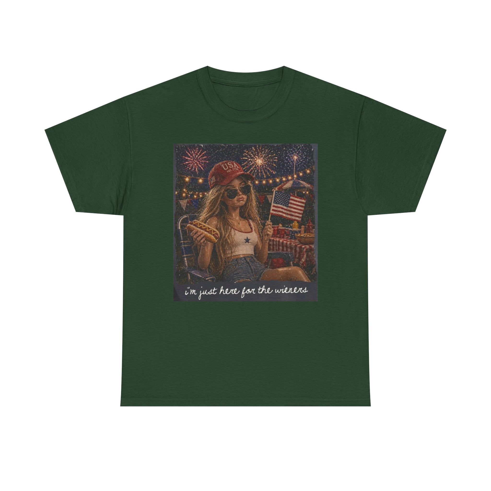 Patriotic Girl Graphic Tee — "I'm Just Here for the Fireworks" 4th of July Shirt