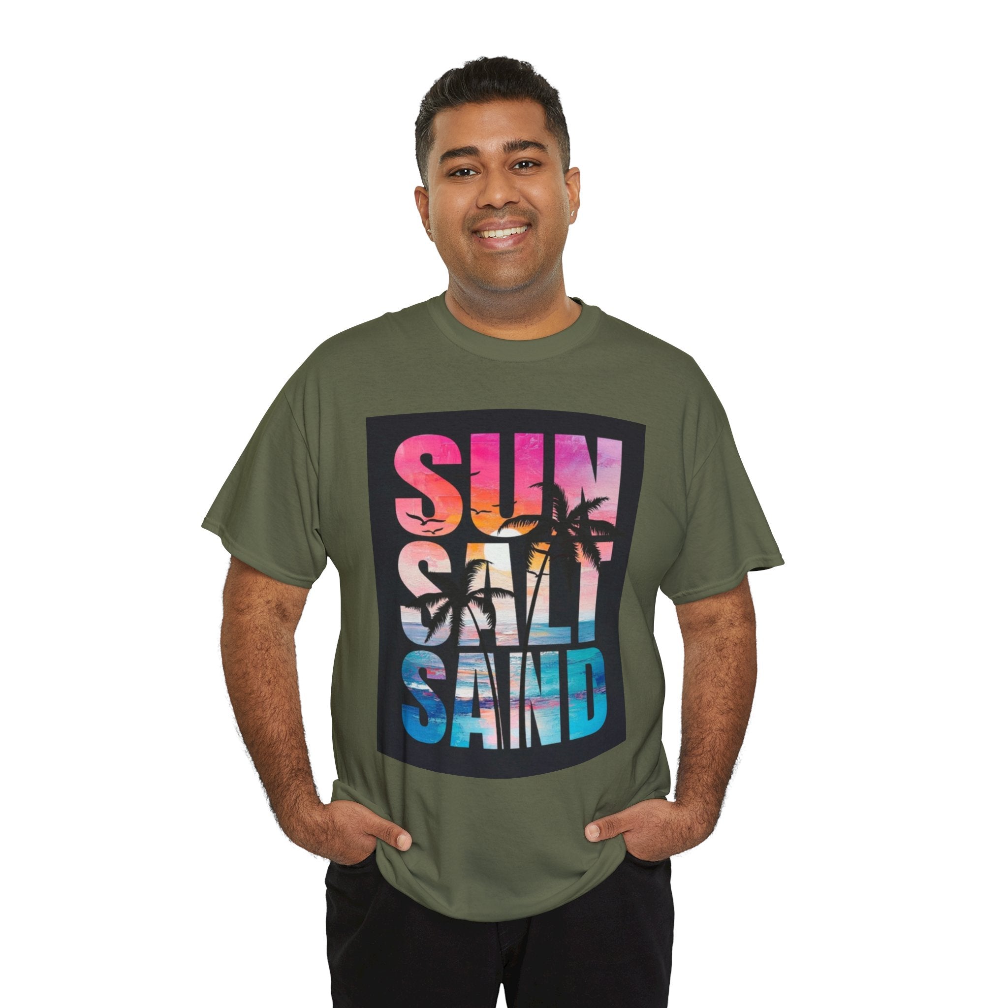 Sun Salt Sand Beach T-Shirt — Tropical Palm Sunset Graphic Tee