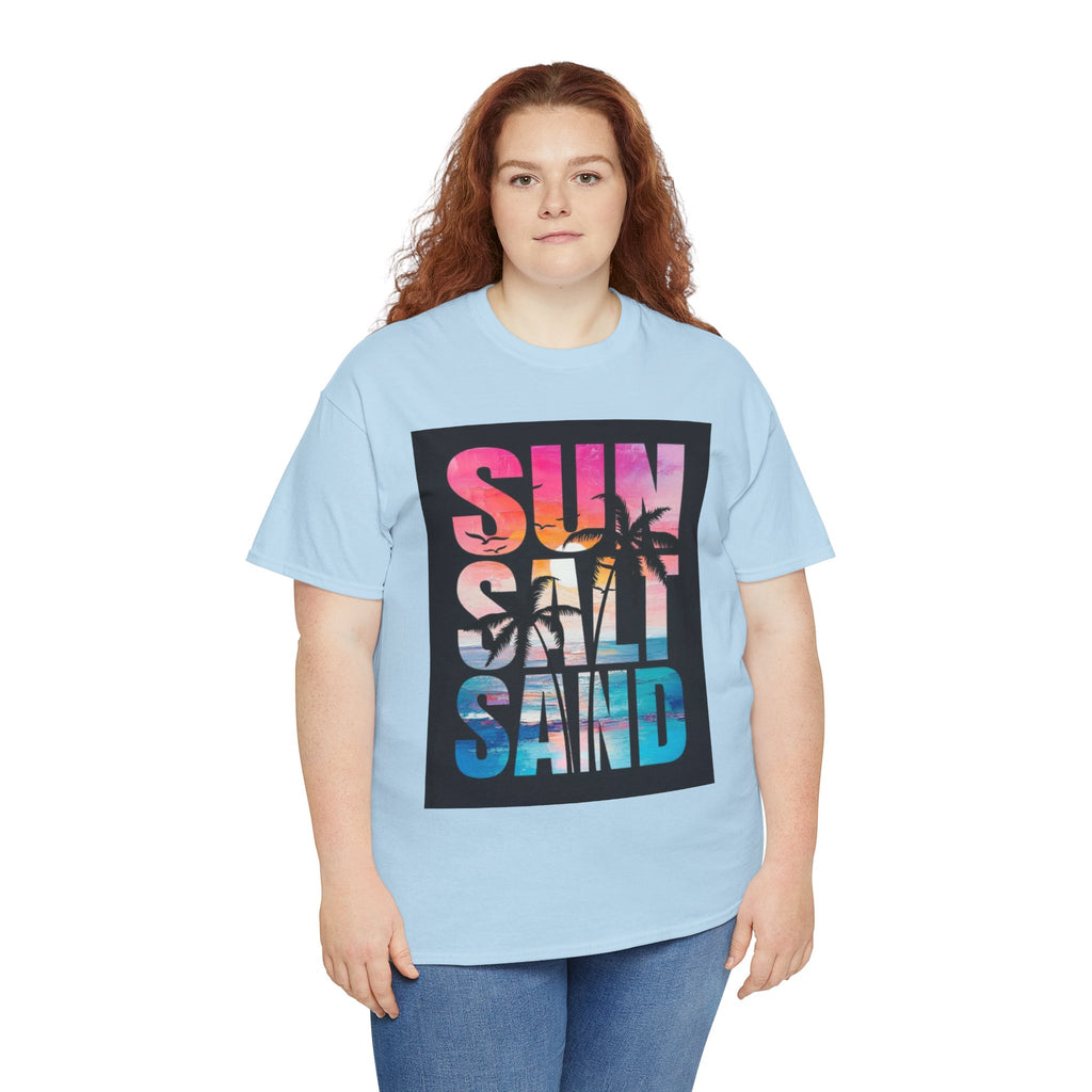 Sun Salt Sand Beach T-Shirt — Tropical Palm Sunset Graphic Tee