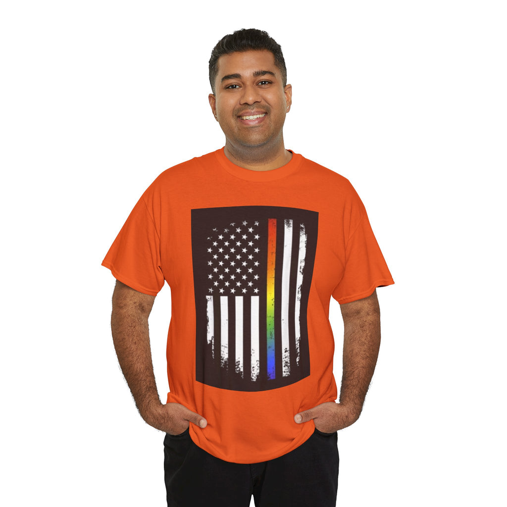 LGBTQ+ Pride Flag T‑Shirt — Distressed American Flag with Rainbow Stripe