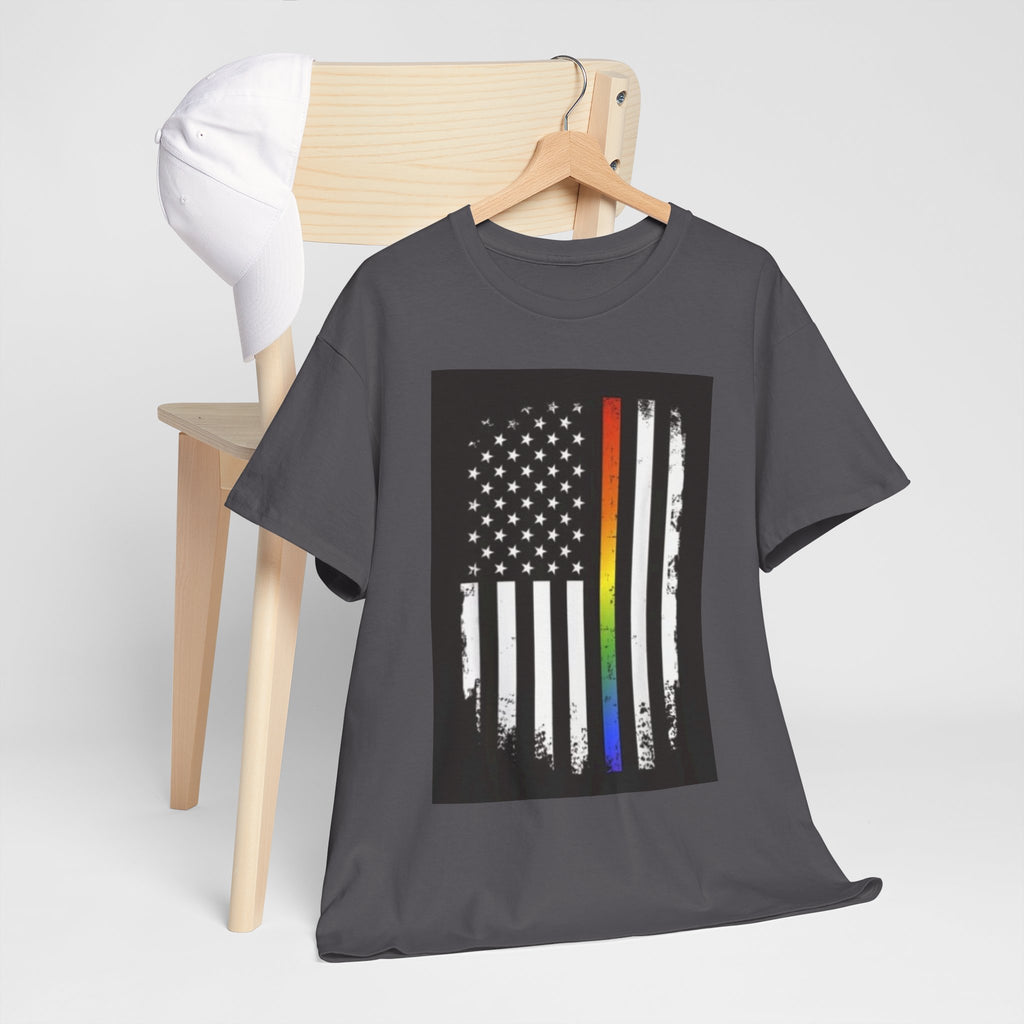 LGBTQ+ Pride Flag T‑Shirt — Distressed American Flag with Rainbow Stripe