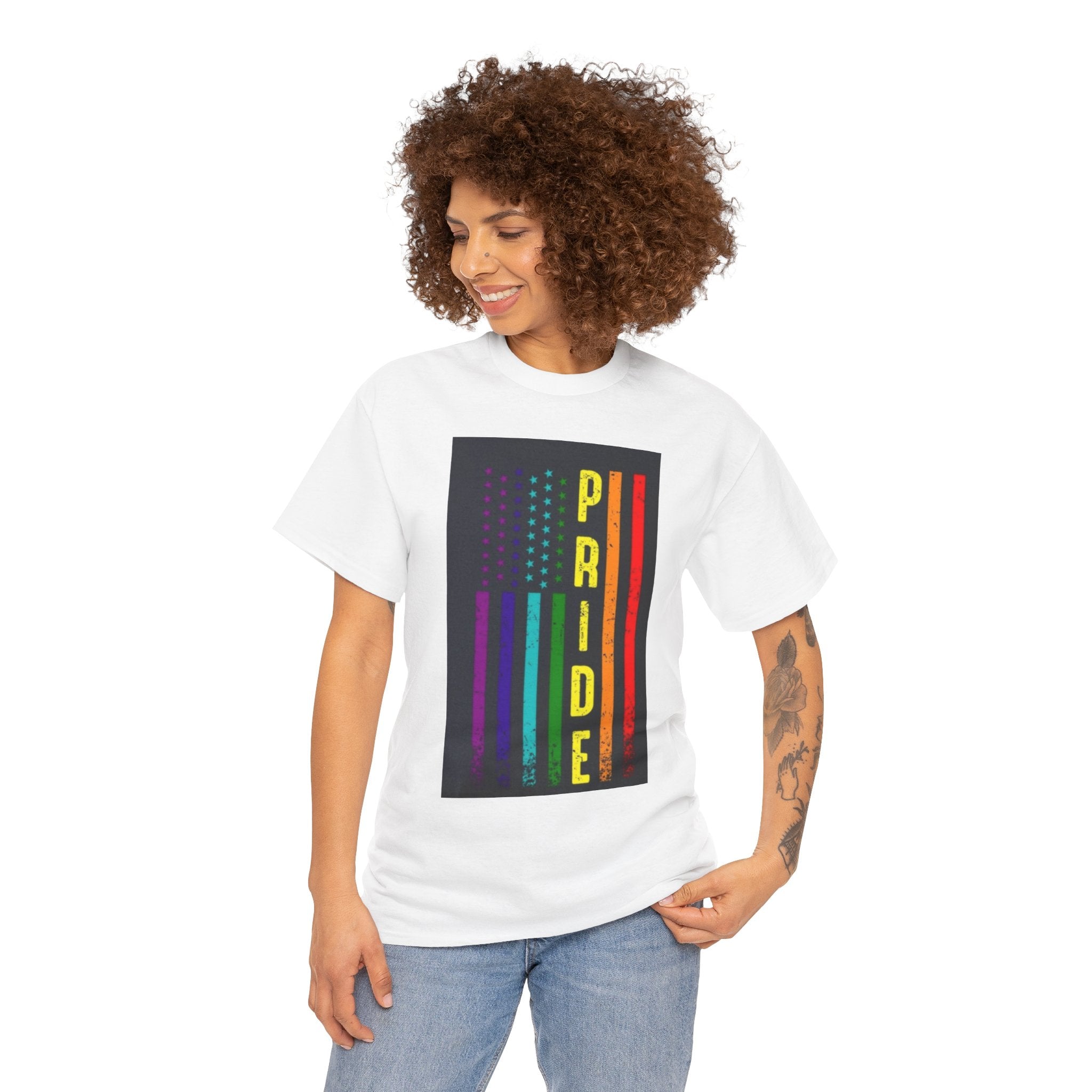 Pride Rainbow Flag Tee — Vertical "PRIDE" Graphic T-Shirt