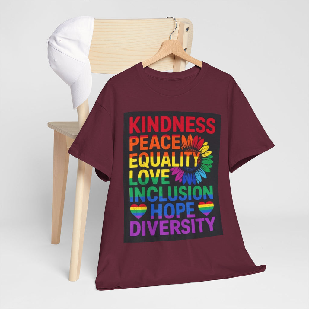 Kindness Peace Equality Rainbow T-Shirt — Pride Inclusion & Diversity Tee
