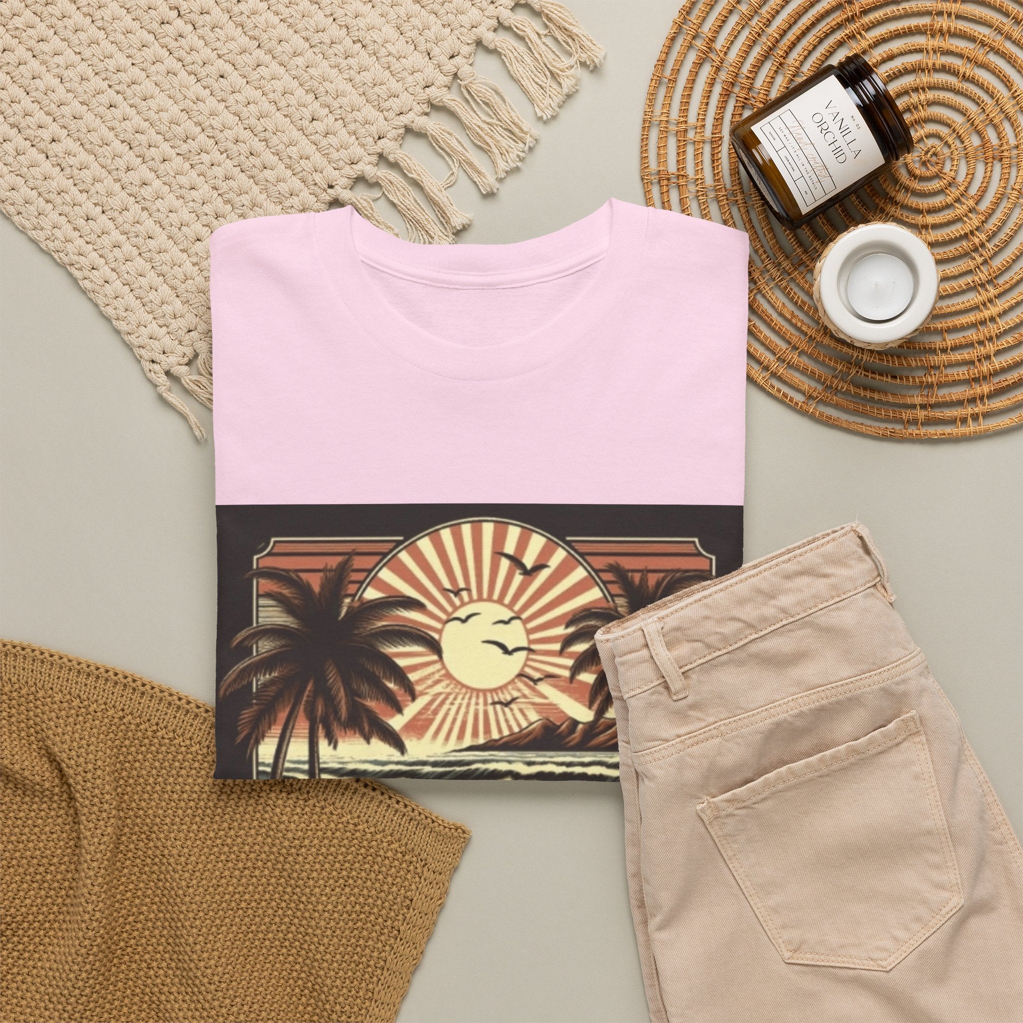 Retro Tropical Beach T-Shirt — Vintage Palm Sunset Graphic Tee