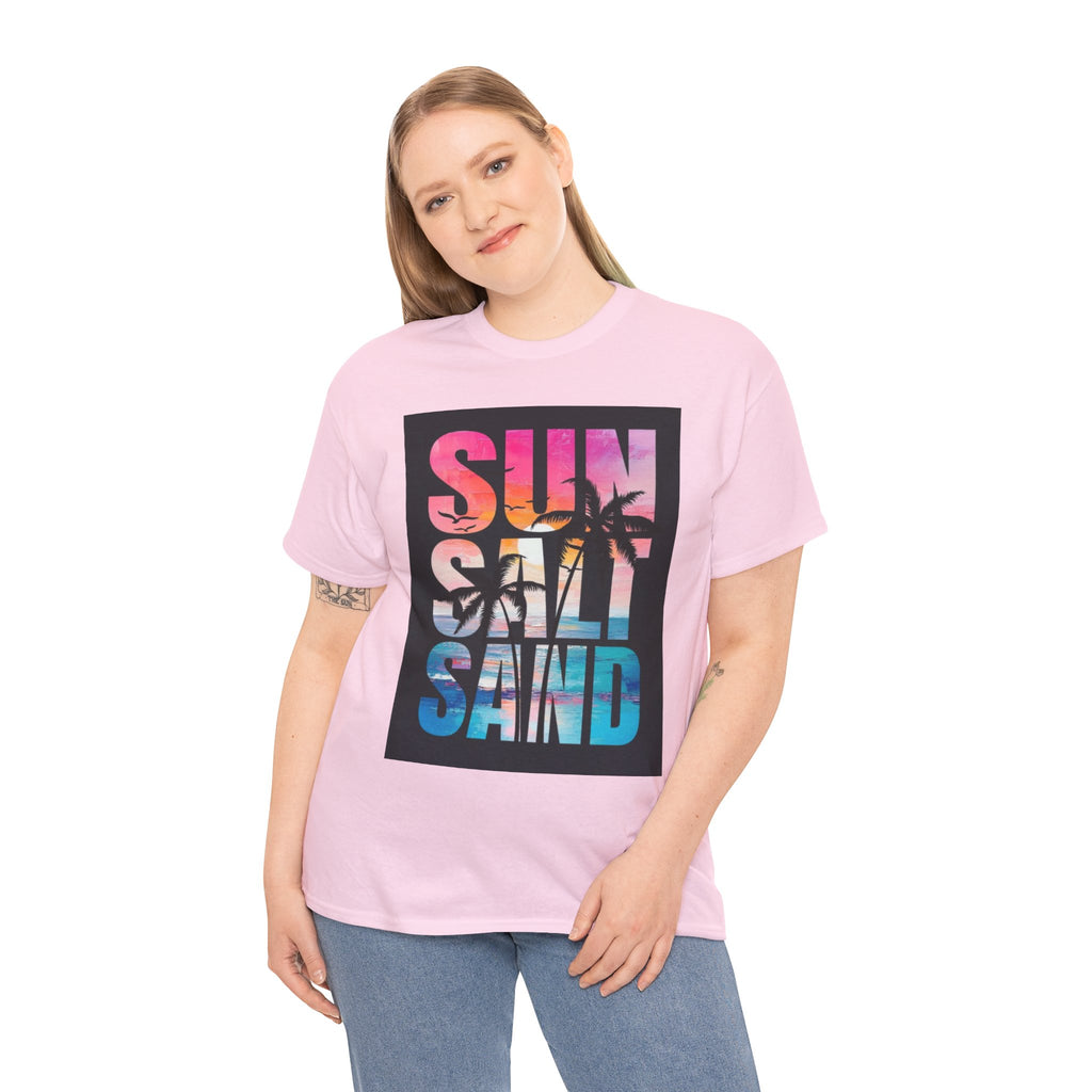 Sun Salt Sand Beach T-Shirt — Tropical Palm Sunset Graphic Tee