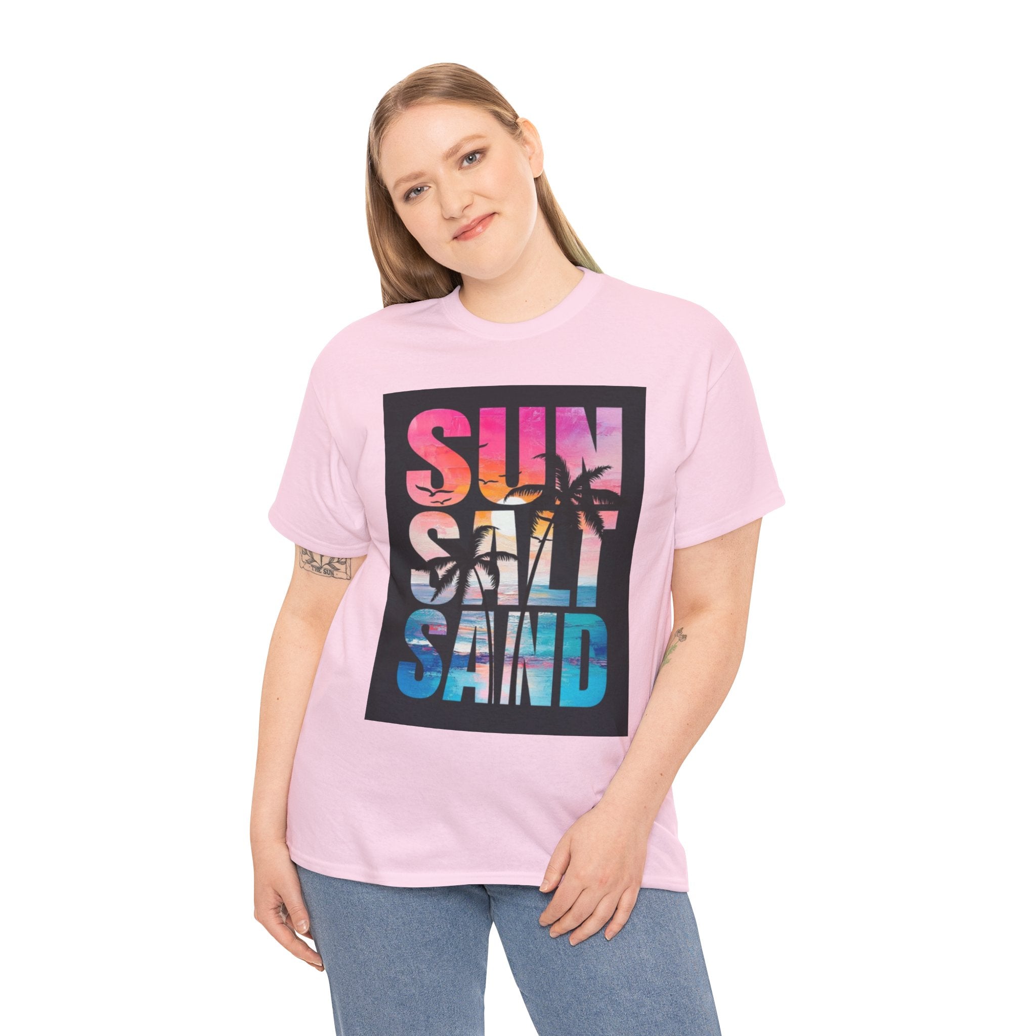 Sun Salt Sand Beach T-Shirt — Tropical Palm Sunset Graphic Tee