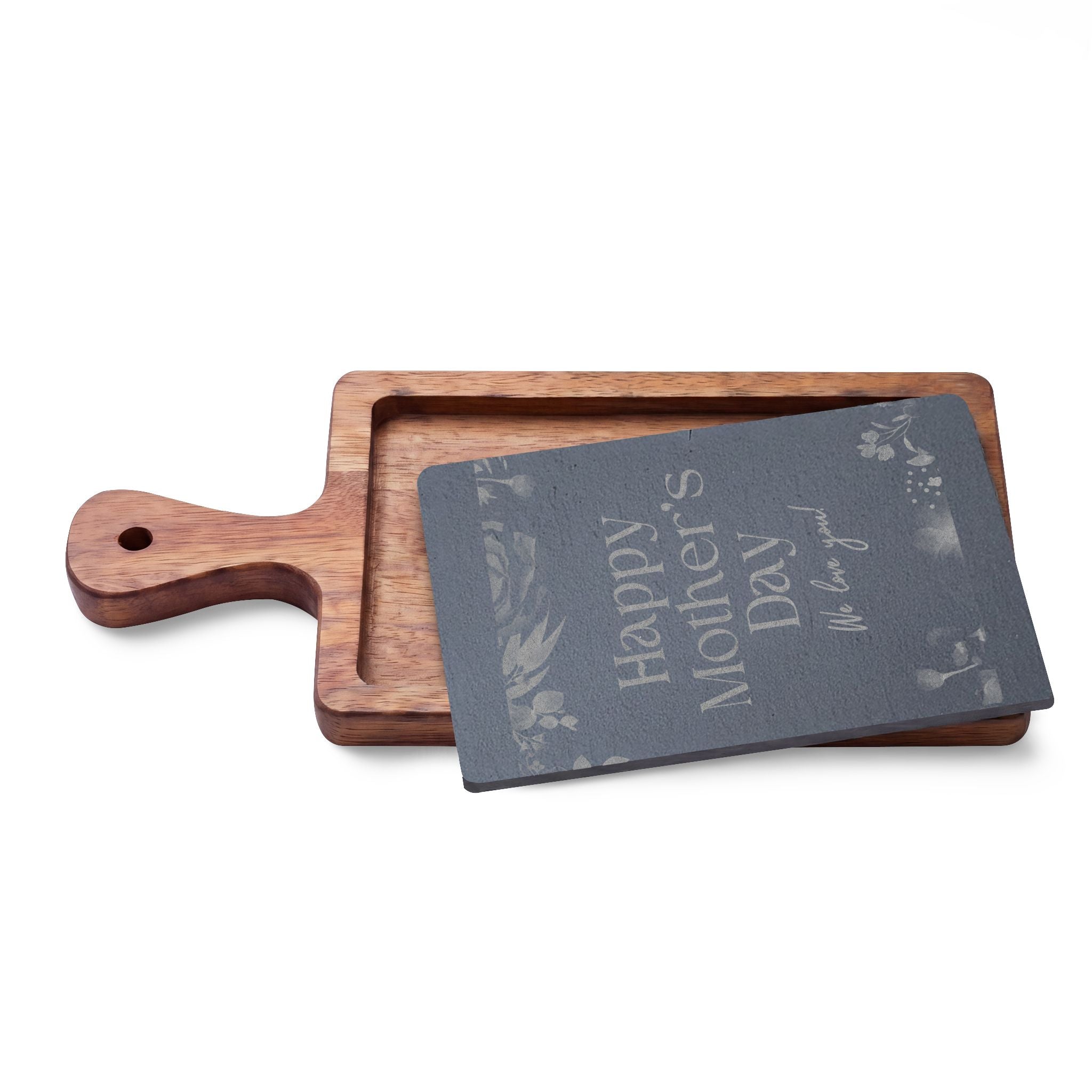 Engraved Mother's Day Charcuterie Board Set — Bamboo Cheese Board with Slate Inlay & Cheese Knives