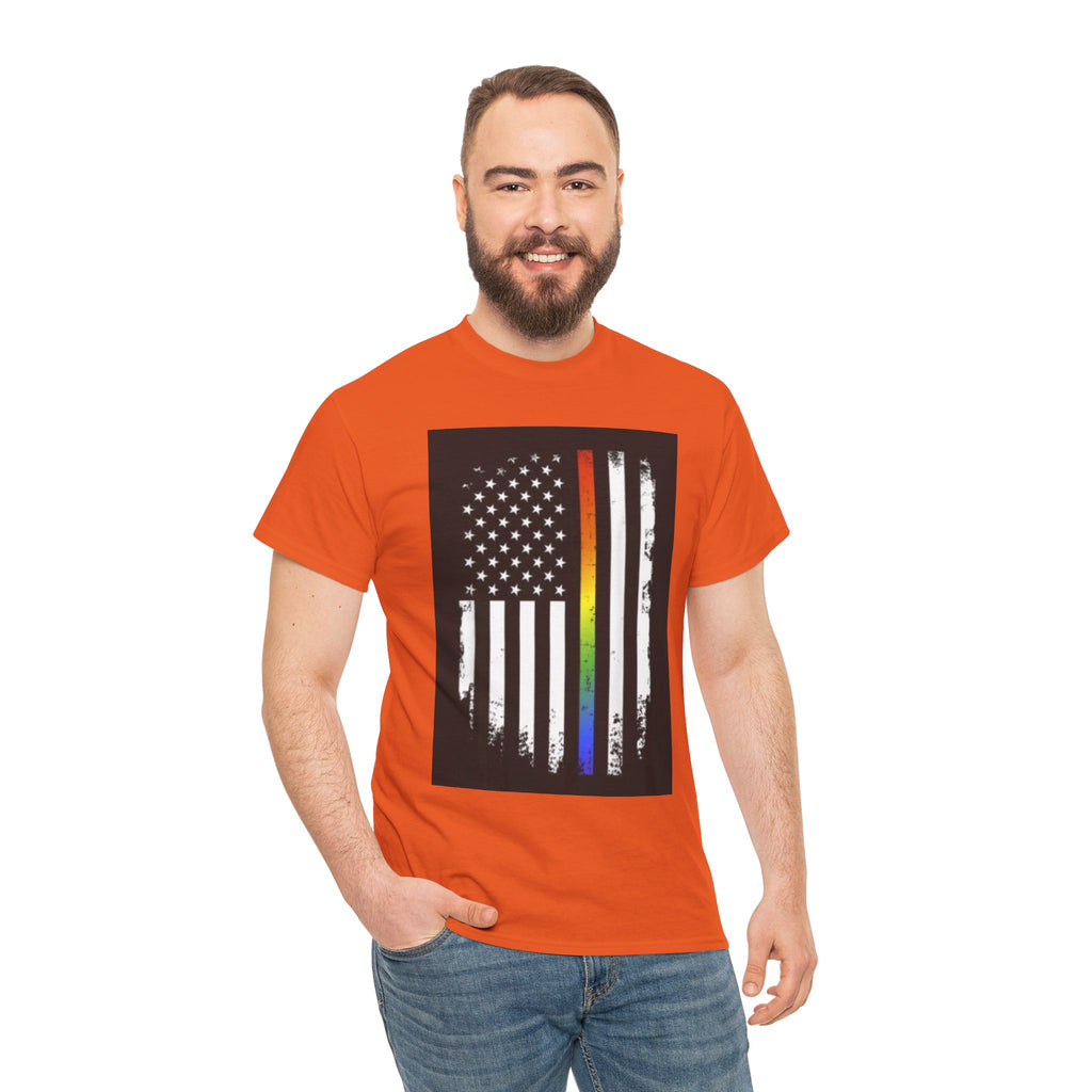 LGBTQ+ Pride Flag T‑Shirt — Distressed American Flag with Rainbow Stripe