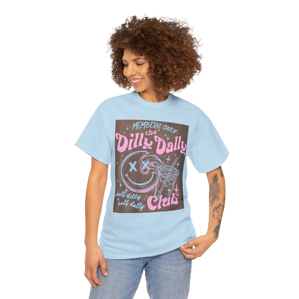 Dilly Dally Club Graphic Tee — Retro Pastel Drink & Moon Design