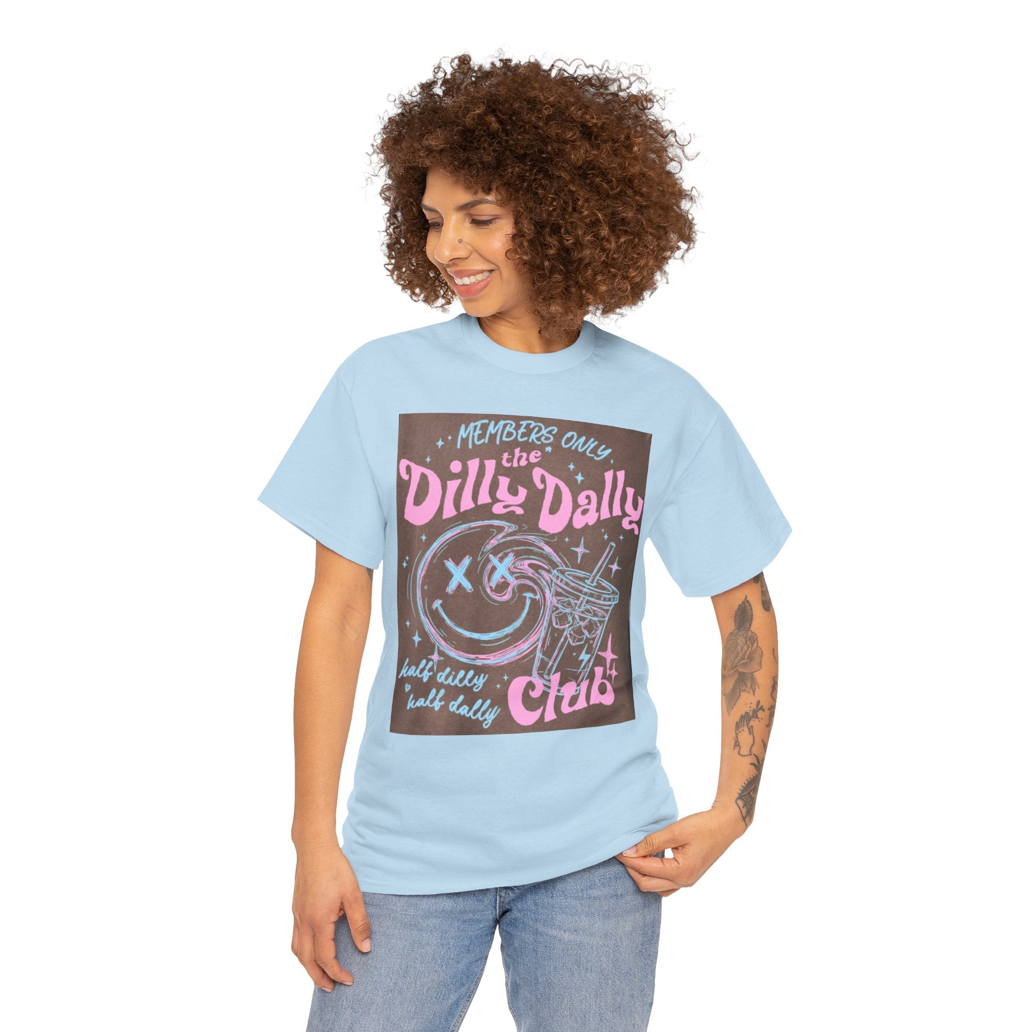 Dilly Dally Club Graphic Tee — Retro Pastel Drink & Moon Design