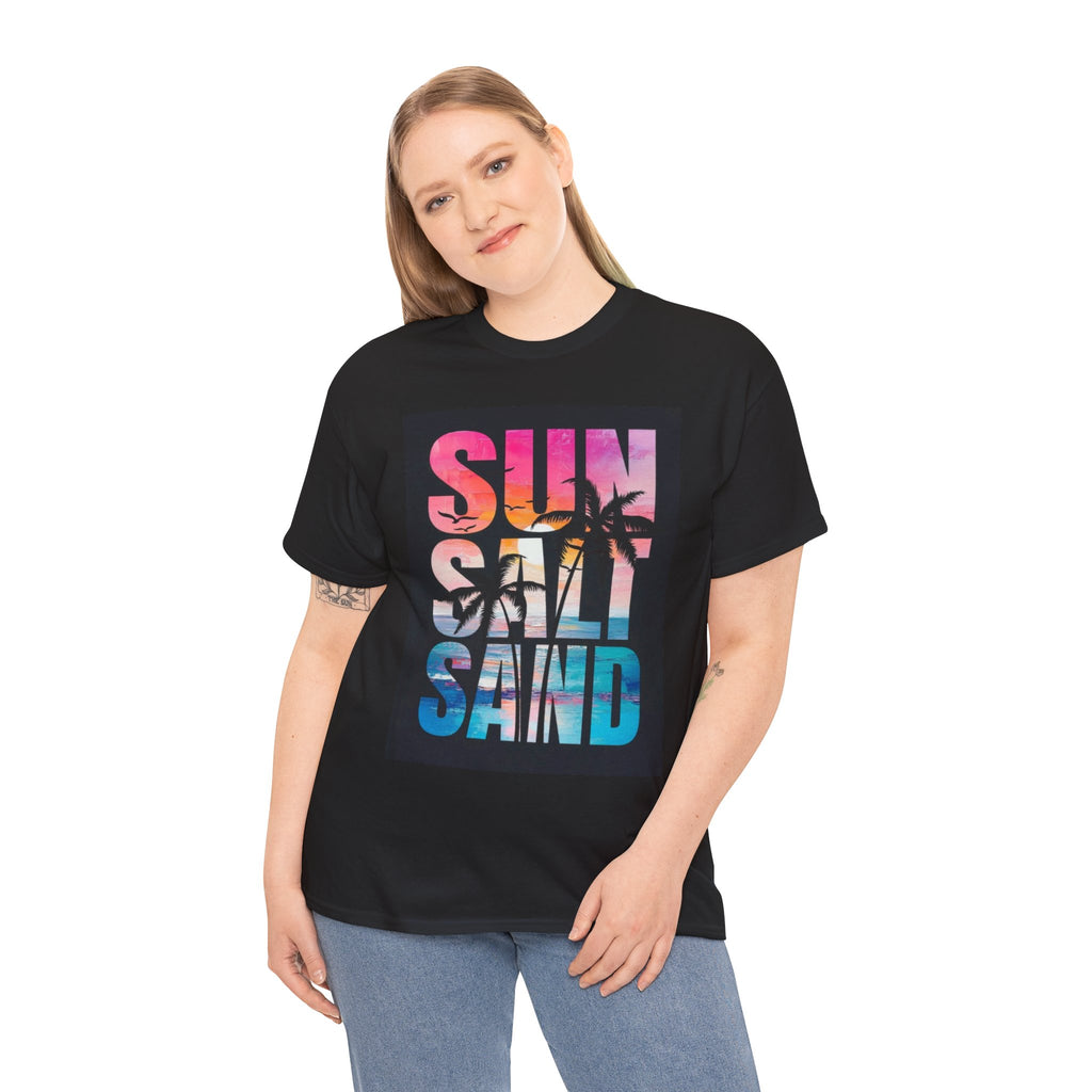 Sun Salt Sand Beach T-Shirt — Tropical Palm Sunset Graphic Tee