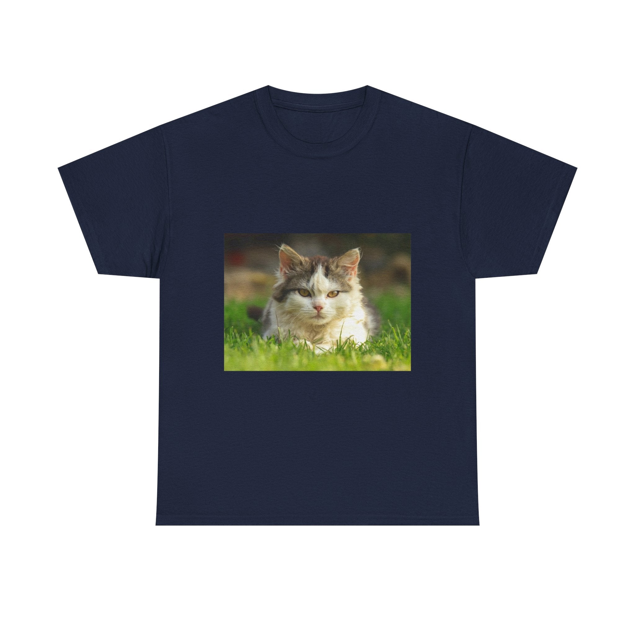 Cat Photo Tee — Relaxed Cat Lying in Grass T-Shirt
