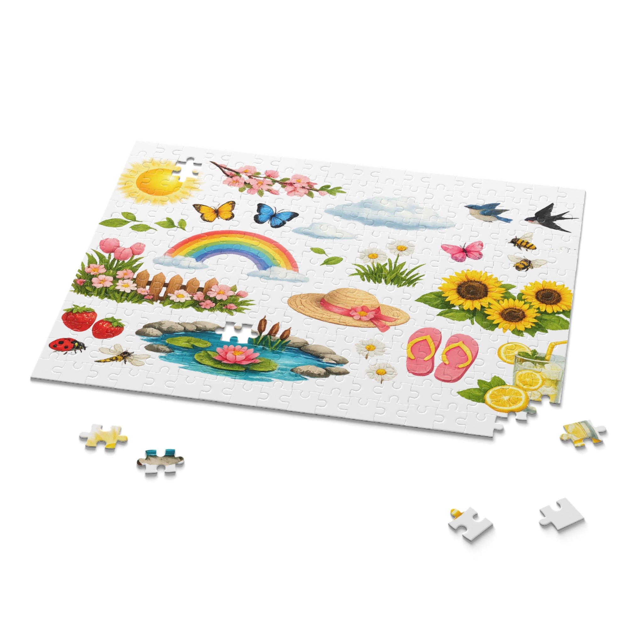 Springtime Sticker Puzzle — 120/252/500-Piece Jigsaw with Rainbow, Sunflowers & Garden Icons