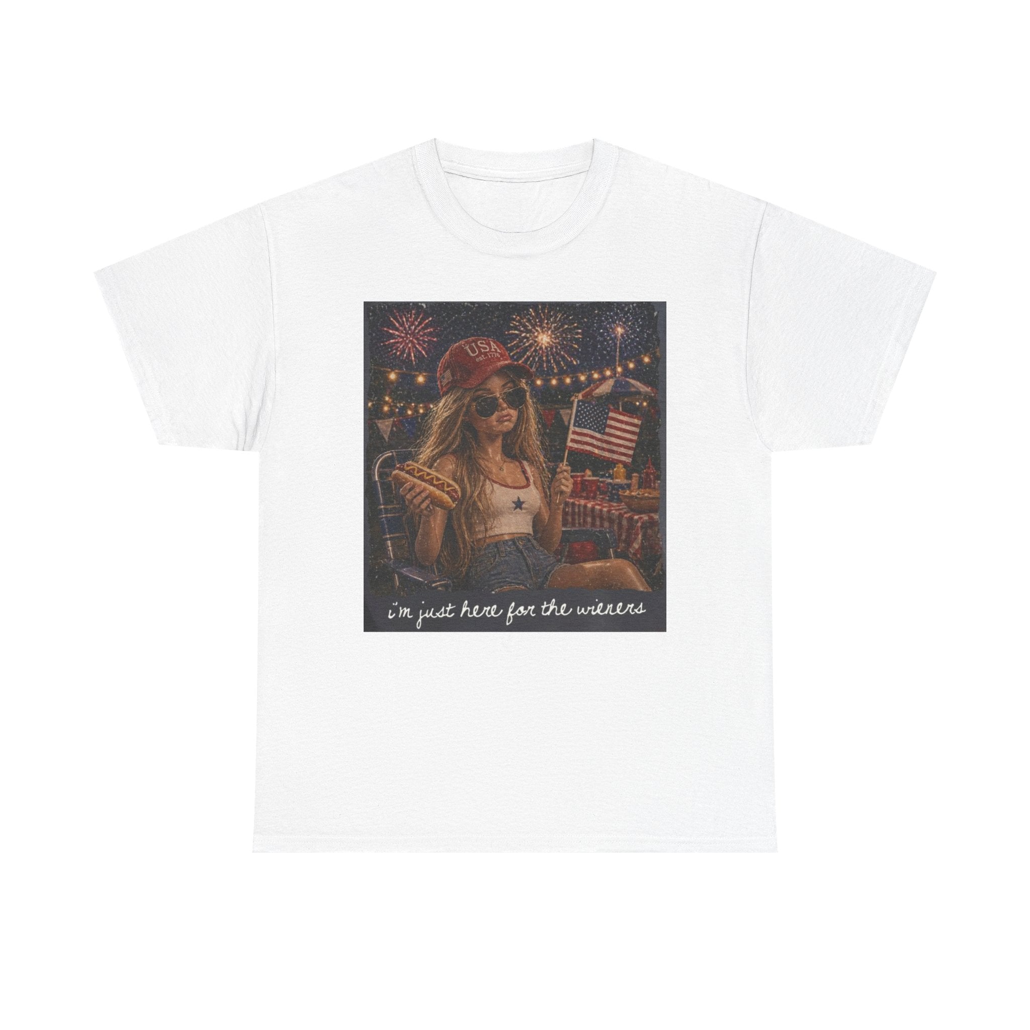 Patriotic Girl Graphic Tee — "I'm Just Here for the Fireworks" 4th of July Shirt