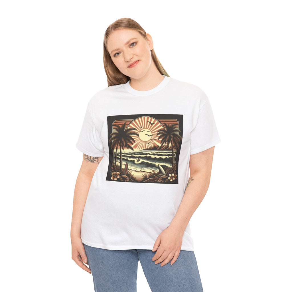 Retro Tropical Beach T-Shirt — Vintage Palm Sunset Graphic Tee