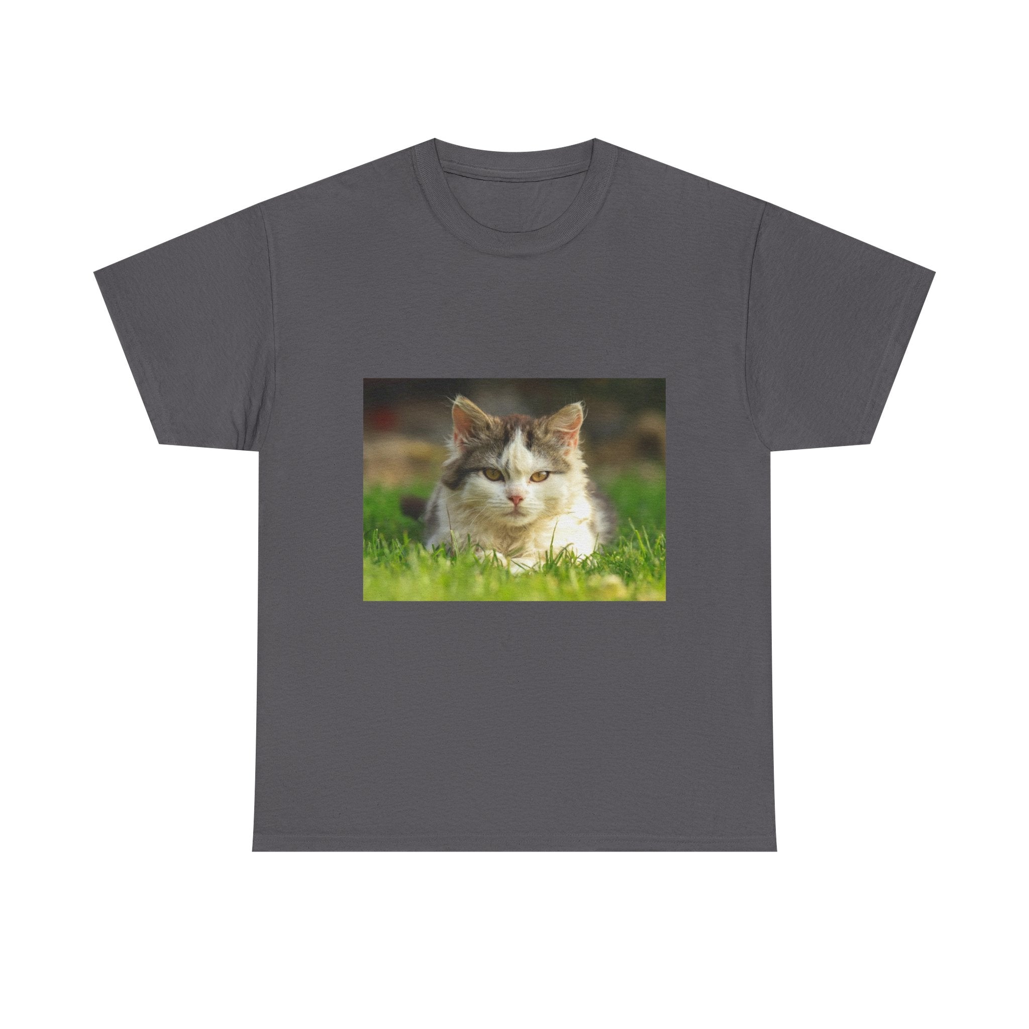 Cat Photo Tee — Relaxed Cat Lying in Grass T-Shirt
