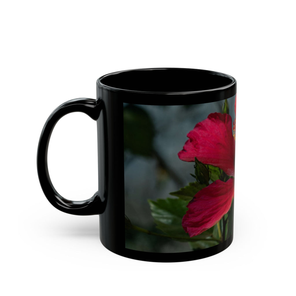 Hibiscus Floral Black Mug - Tropical Red Flower Coffee Cup (11oz/15oz)