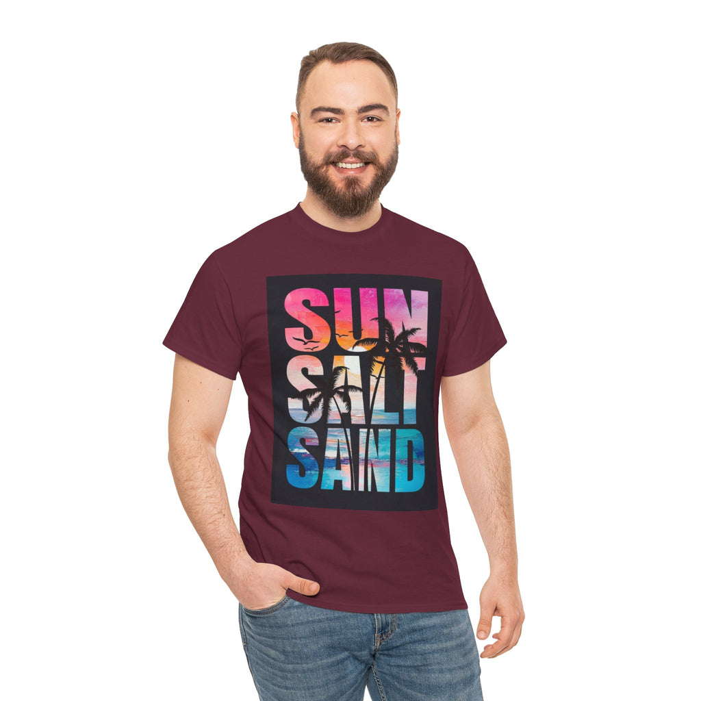 Sun Salt Sand Beach T-Shirt — Tropical Palm Sunset Graphic Tee