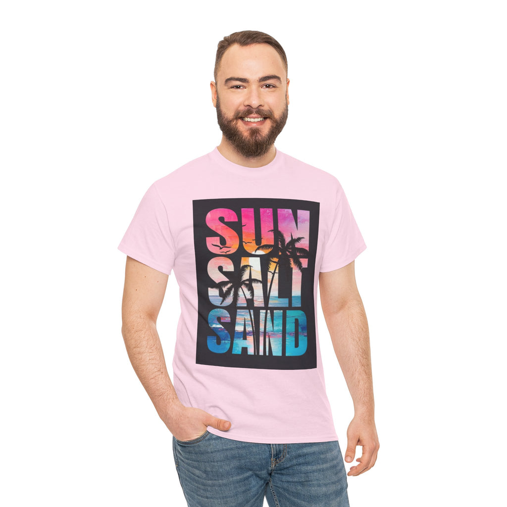 Sun Salt Sand Beach T-Shirt — Tropical Palm Sunset Graphic Tee
