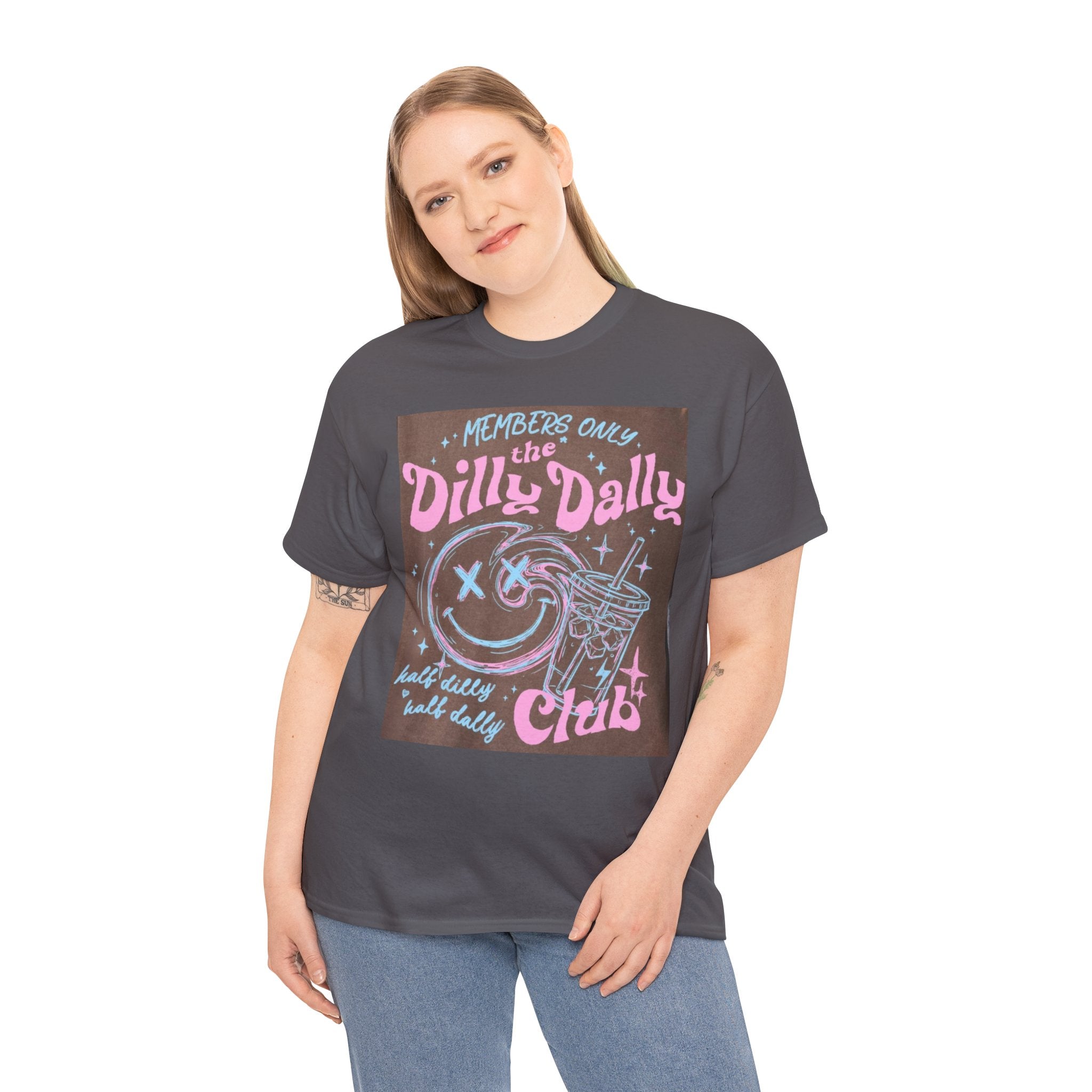 Dilly Dally Club Graphic Tee — Retro Pastel Drink & Moon Design