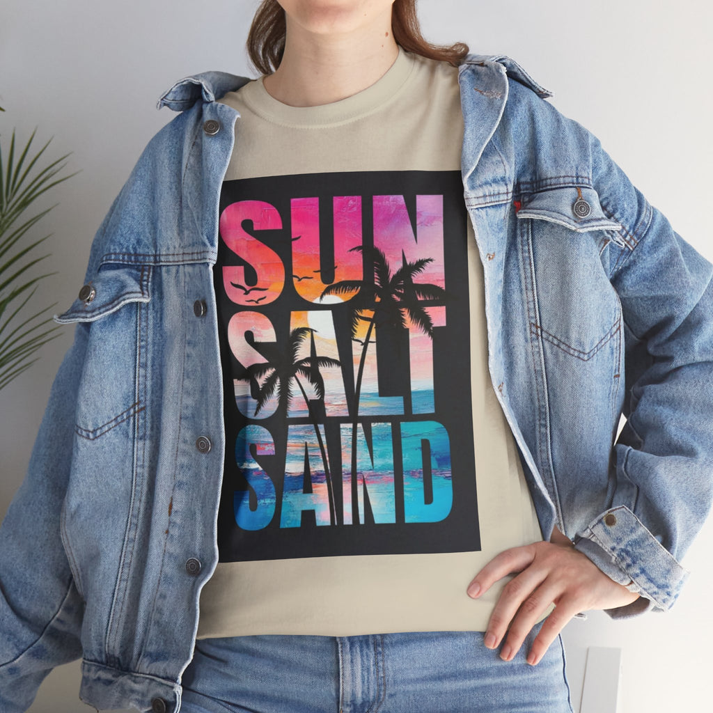 Sun Salt Sand Beach T-Shirt — Tropical Palm Sunset Graphic Tee