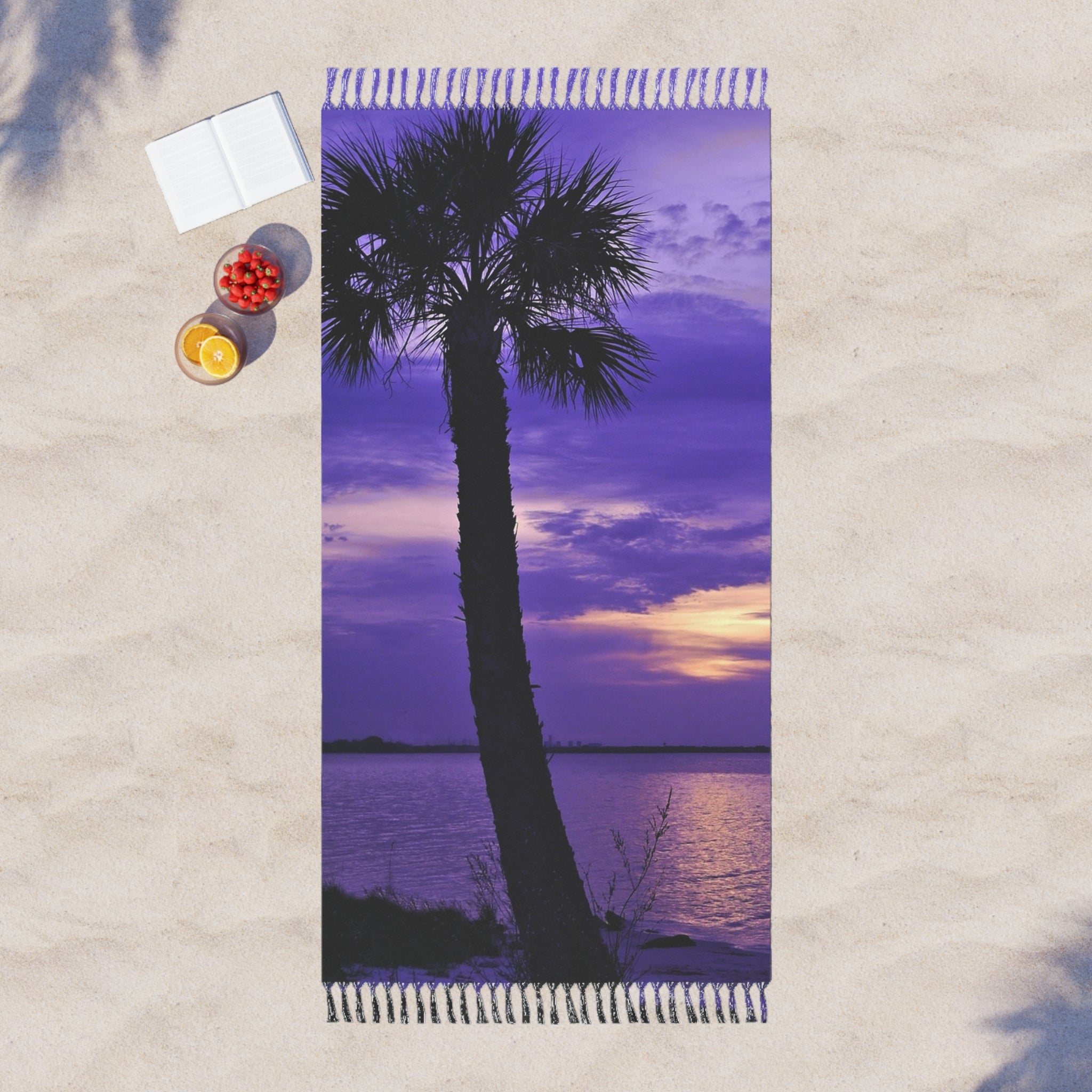 Boho Palm Sunset Beach Towel — Purple Tropical Fringe Throw