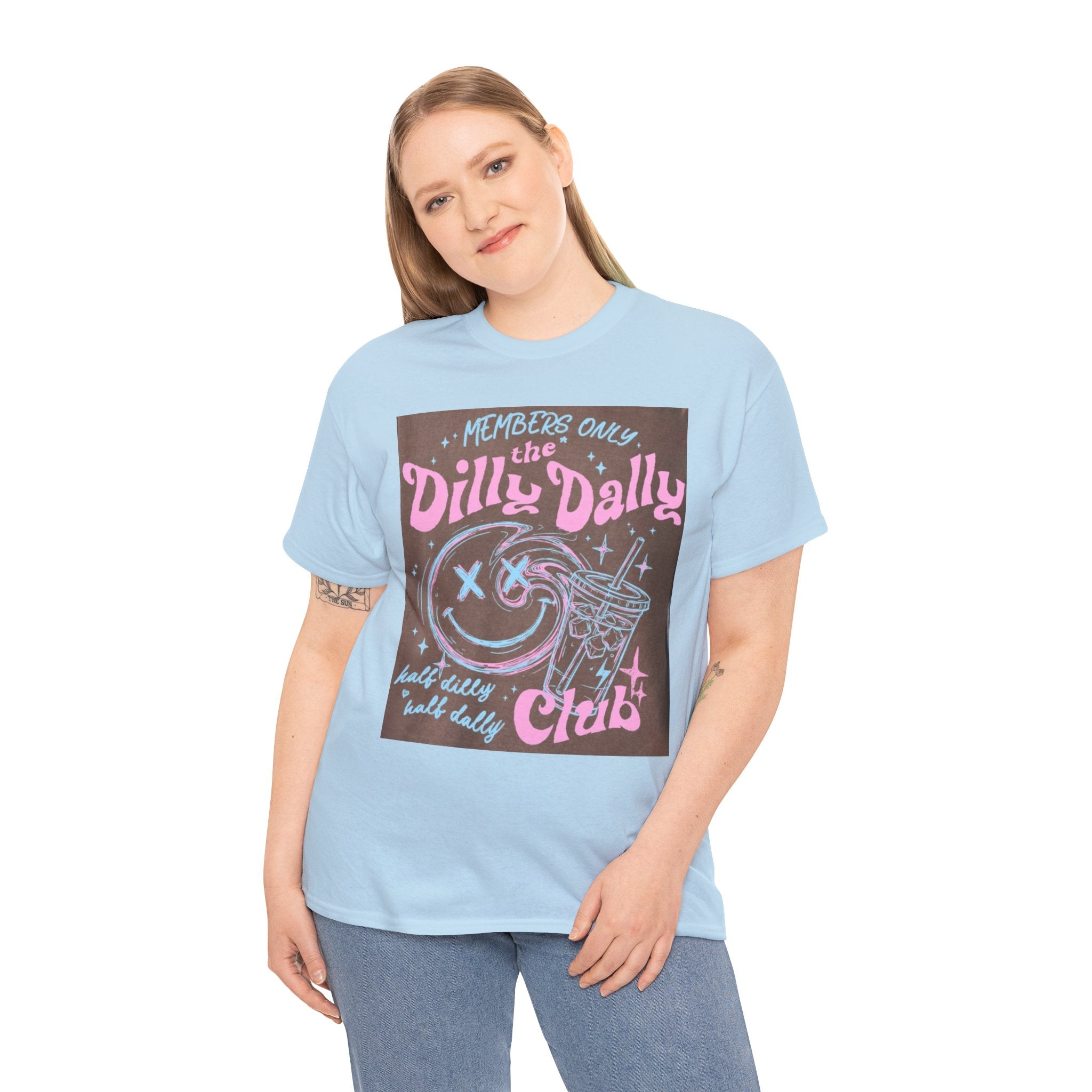 Dilly Dally Club Graphic Tee — Retro Pastel Drink & Moon Design