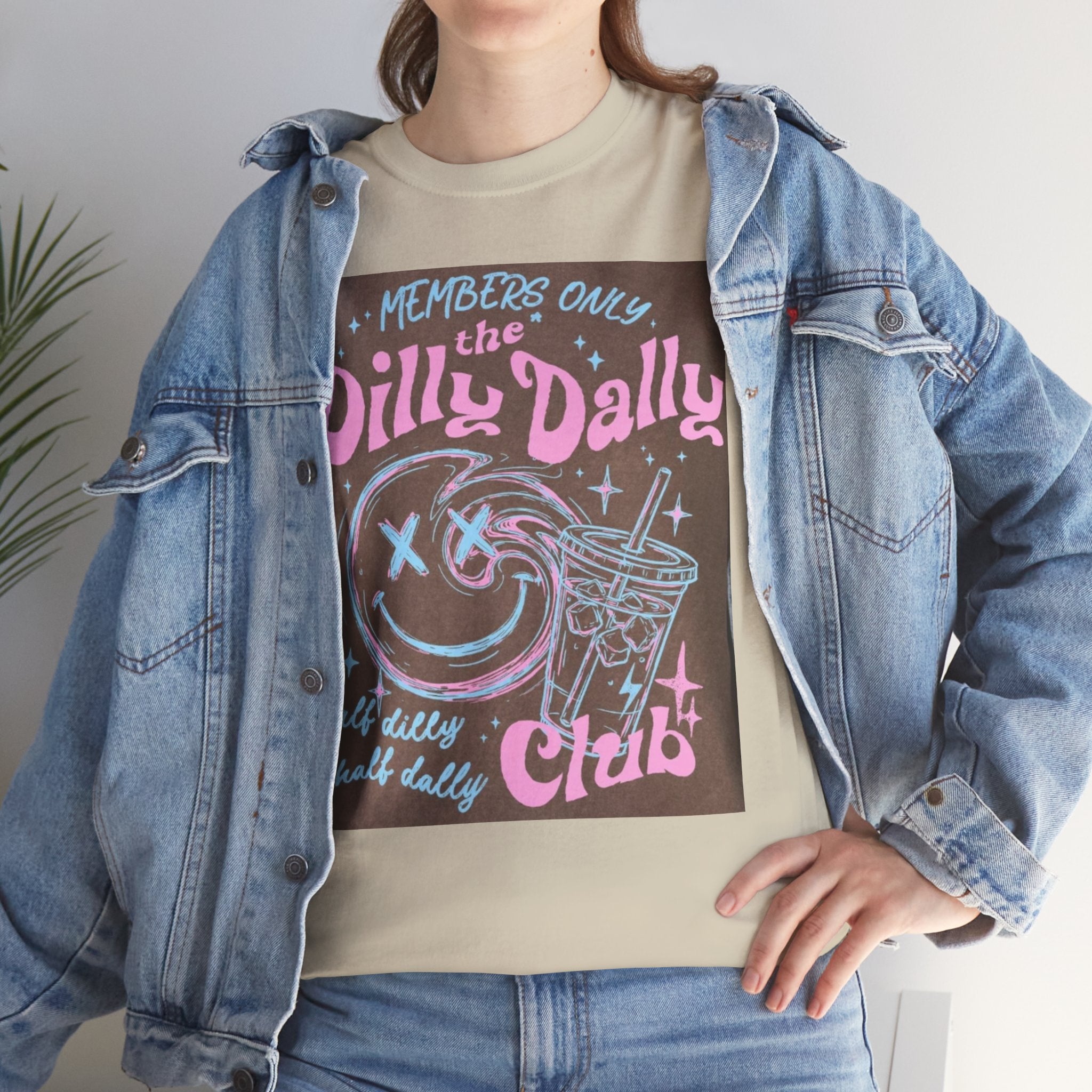 Dilly Dally Club Graphic Tee — Retro Pastel Drink & Moon Design