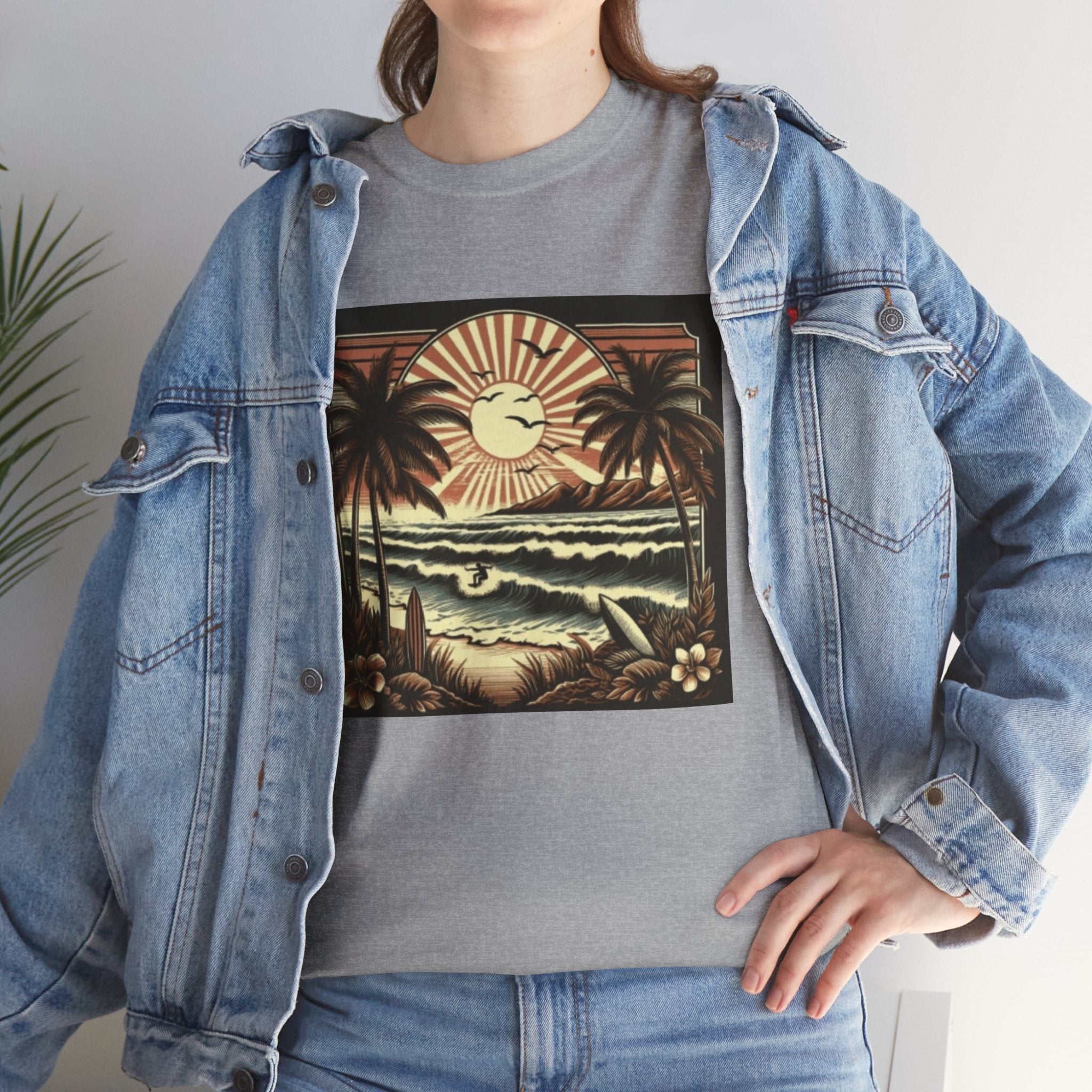 Retro Tropical Beach T-Shirt — Vintage Palm Sunset Graphic Tee