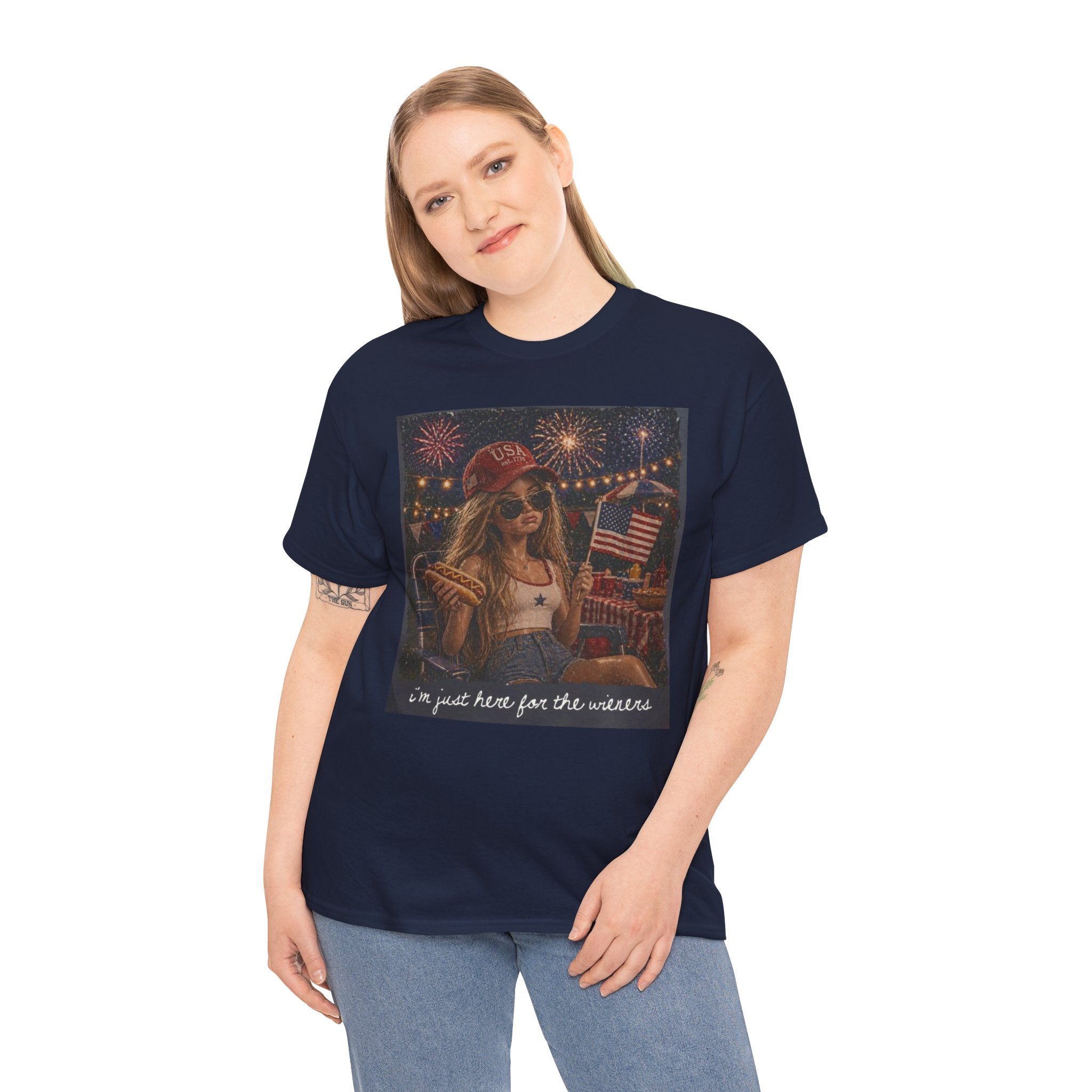 Patriotic Girl Graphic Tee — "I'm Just Here for the Fireworks" 4th of July Shirt