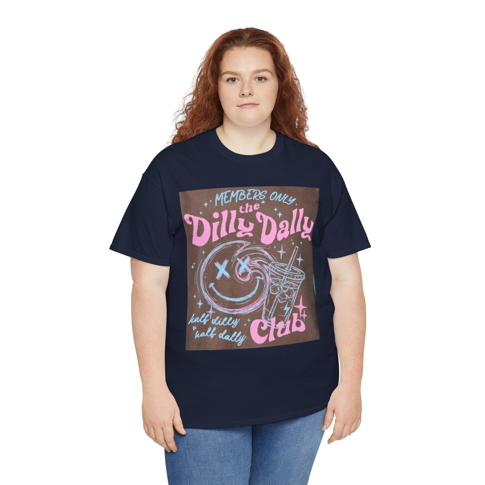 Dilly Dally Club Graphic Tee — Retro Pastel Drink & Moon Design