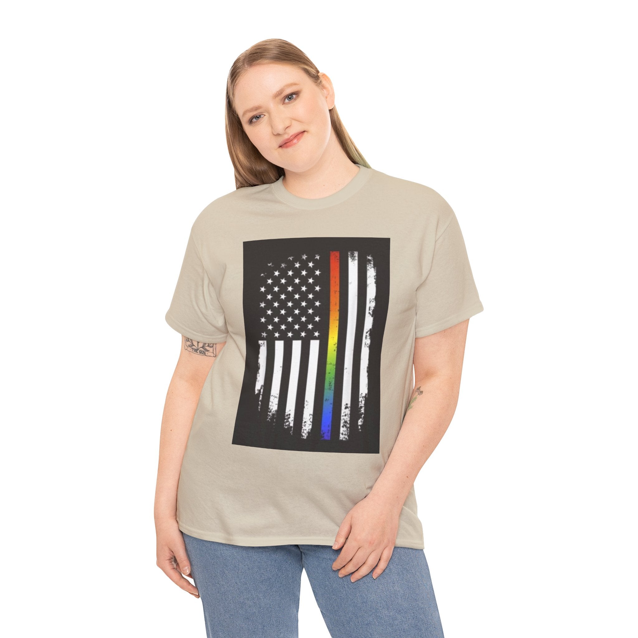 LGBTQ+ Pride Flag T‑Shirt — Distressed American Flag with Rainbow Stripe