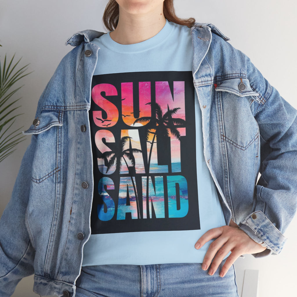 Sun Salt Sand Beach T-Shirt — Tropical Palm Sunset Graphic Tee
