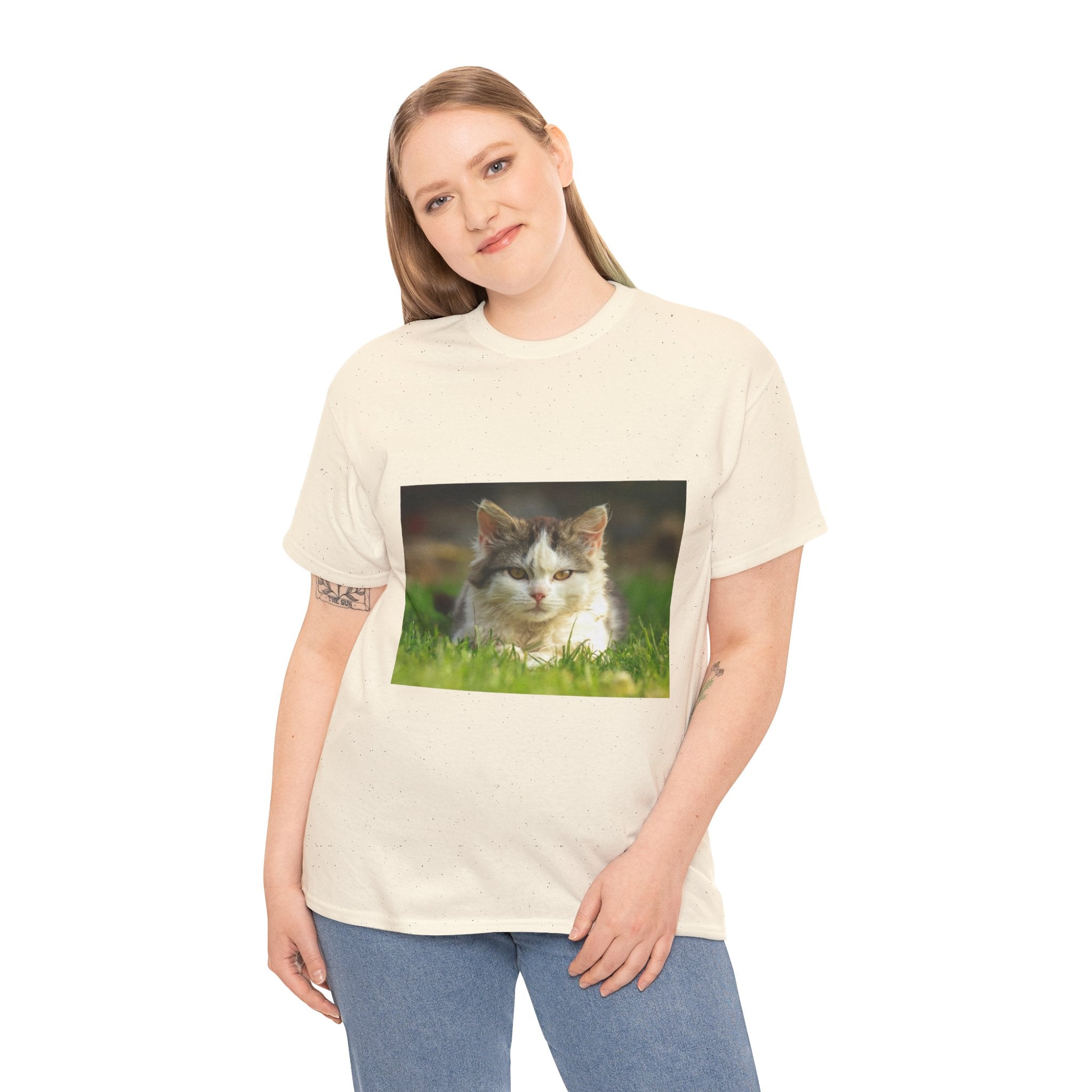 Cat Photo Tee — Relaxed Cat Lying in Grass T-Shirt