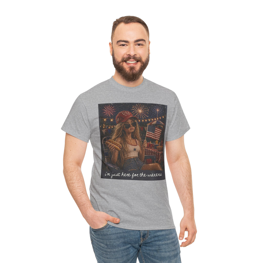 Patriotic Girl Graphic Tee — "I'm Just Here for the Fireworks" 4th of July Shirt