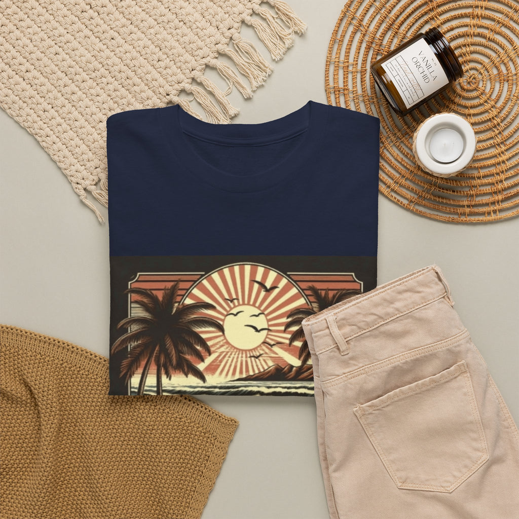 Retro Tropical Beach T-Shirt — Vintage Palm Sunset Graphic Tee