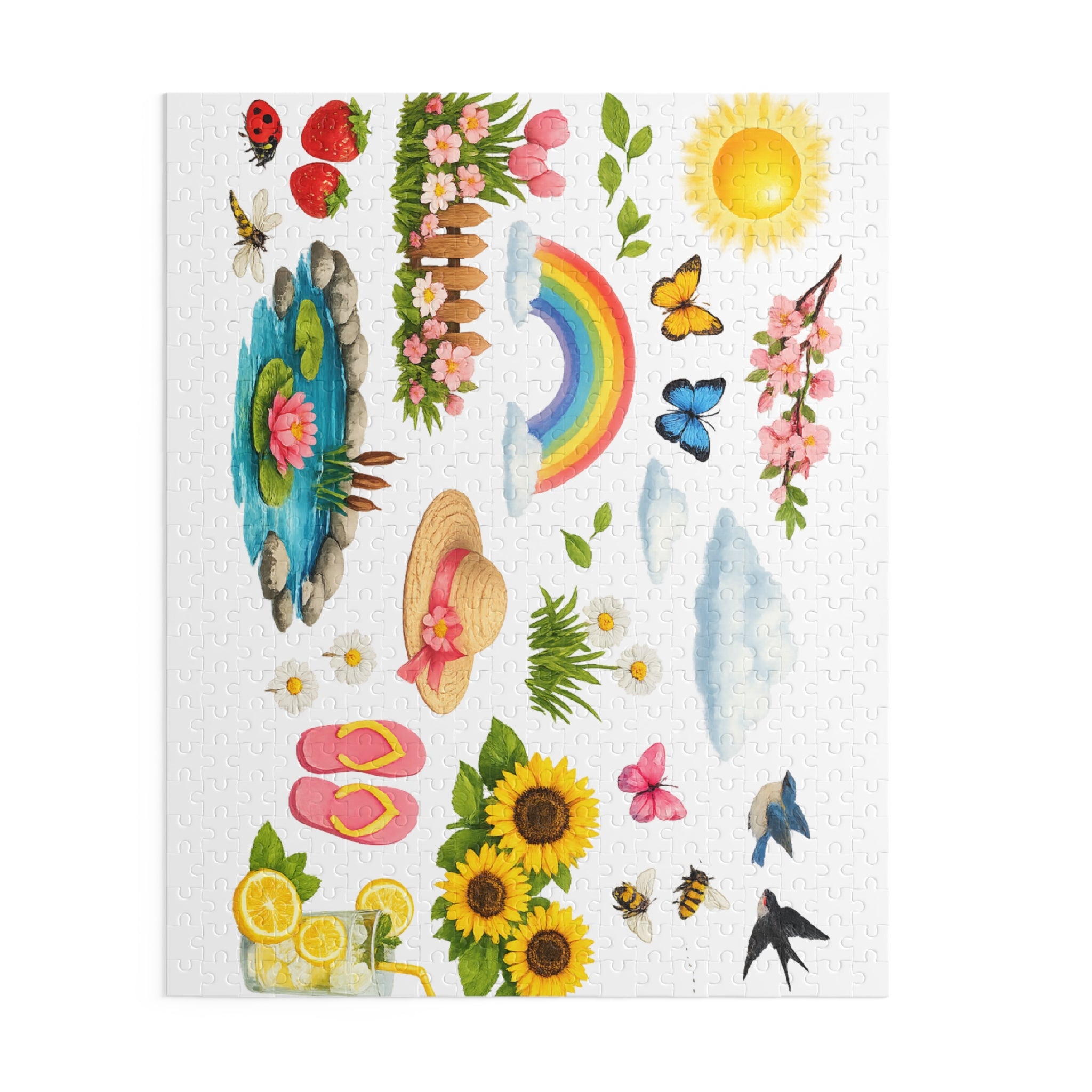 Springtime Sticker Puzzle — 120/252/500-Piece Jigsaw with Rainbow, Sunflowers & Garden Icons