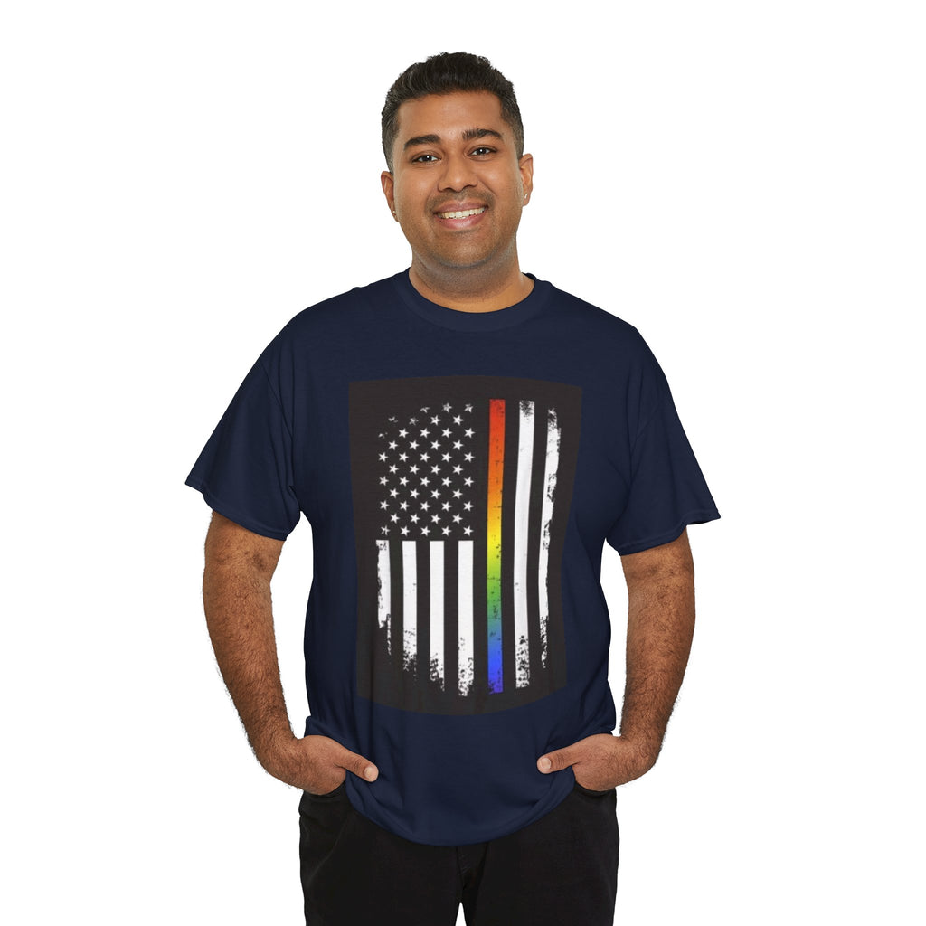 LGBTQ+ Pride Flag T‑Shirt — Distressed American Flag with Rainbow Stripe